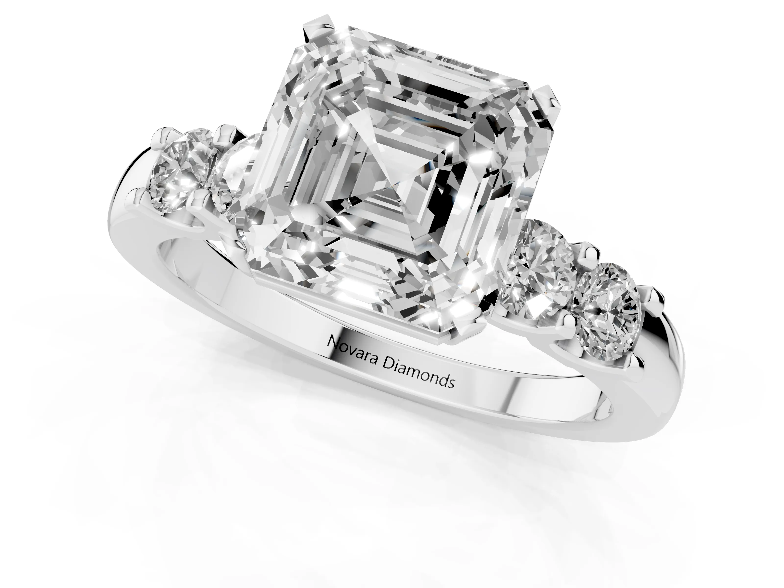 Asscher Cut Diamond Five-Stone Prong Set Engagement Ring Set in Platinum with Channel Band