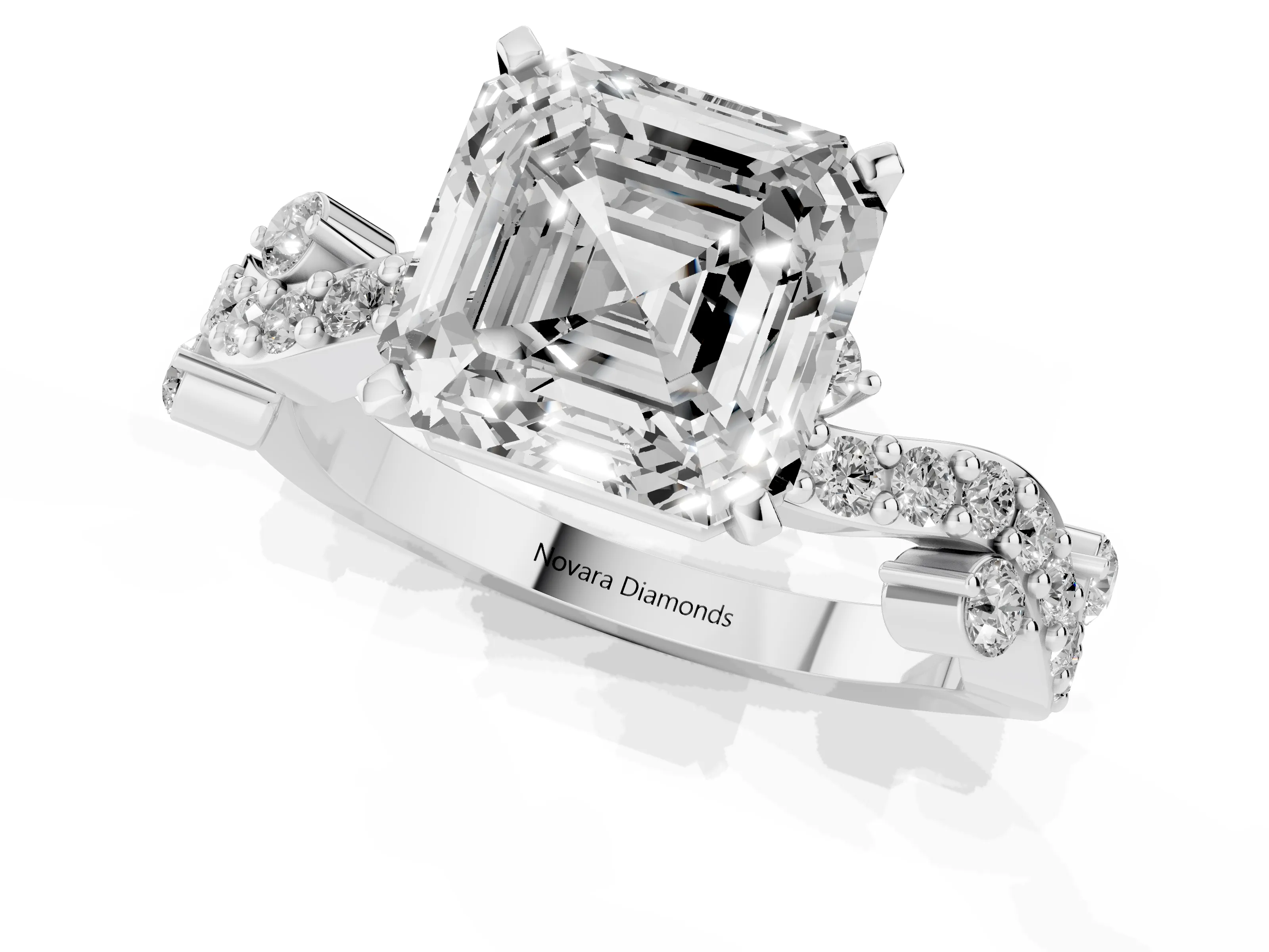 Asscher Cut Diamond Solitaire Twisted Band Set in Silver with Pavé Setting