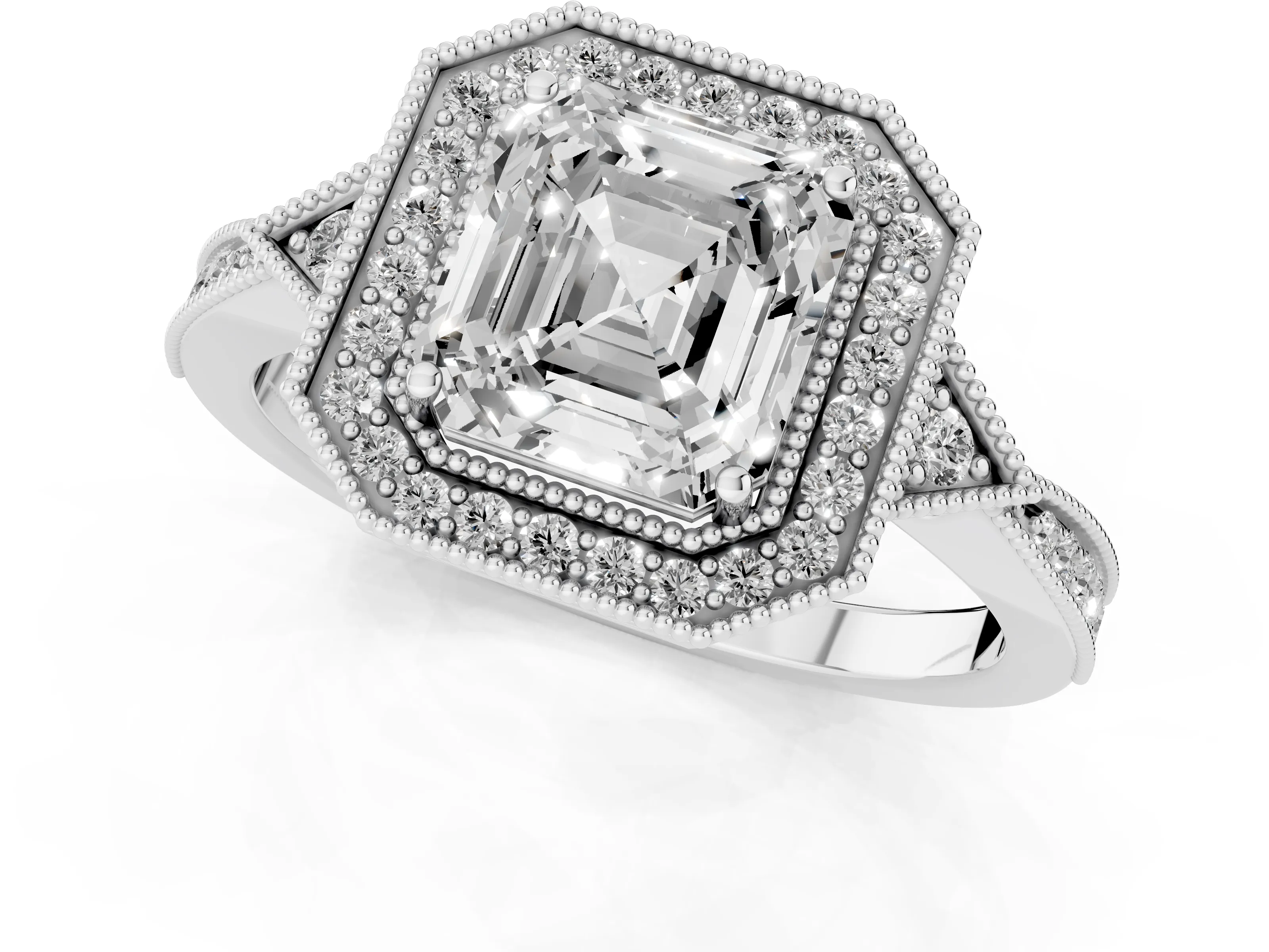 Asscher Cut Diamond Halo Engagement Ring Set in Platinum with Milgrain Pavé Band – second view