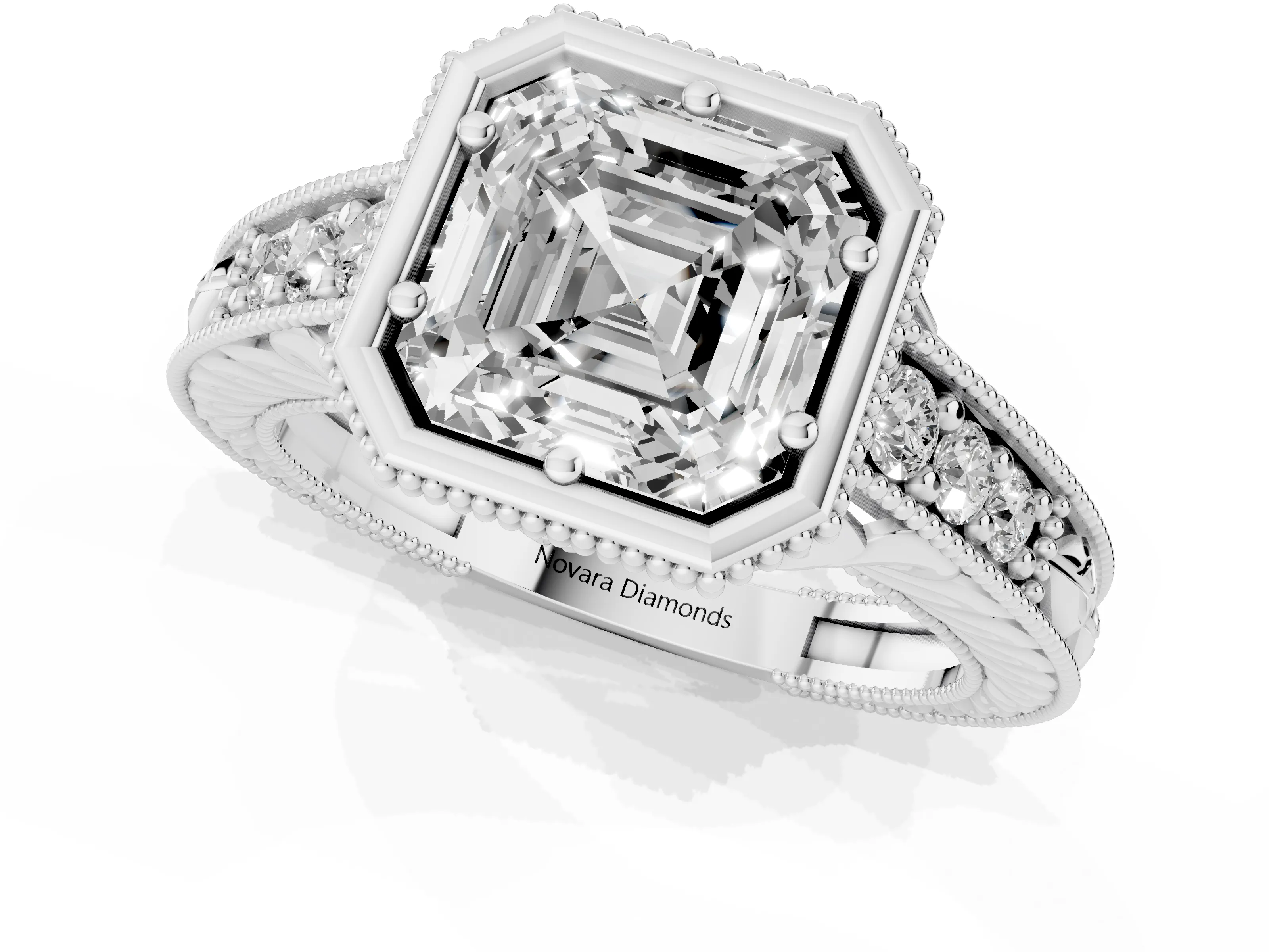 Bezel Set Asscher Cut Diamond Milgrain Pavé Engagement Ring Set in Silver