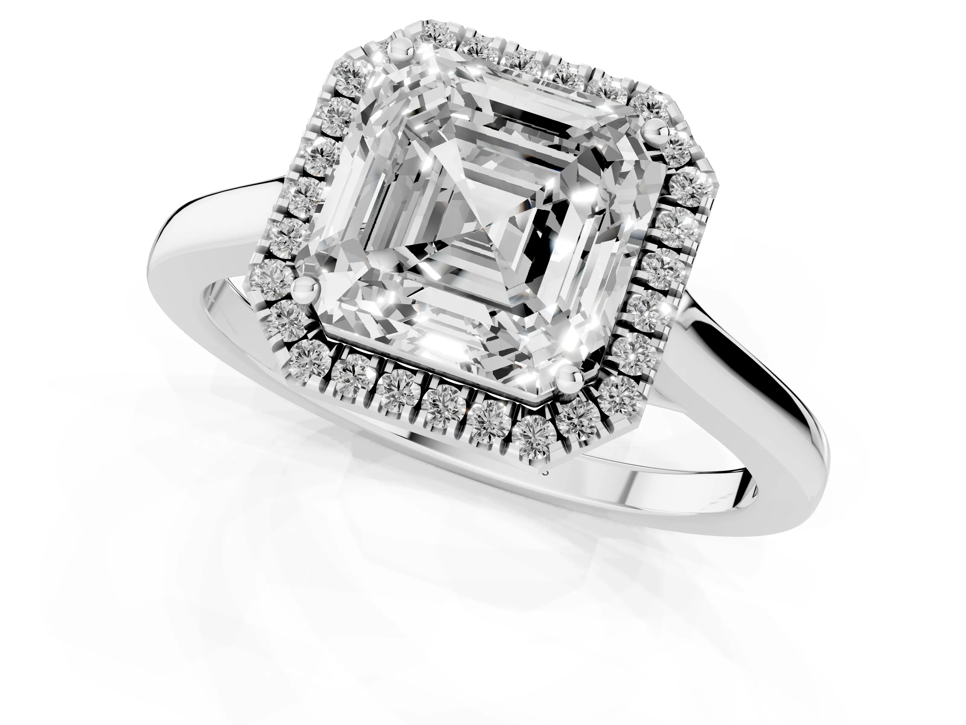 Asscher Cut Halo Round Diamond Solitaire Ring Set in Silver with Pavé Band and Prong Setting