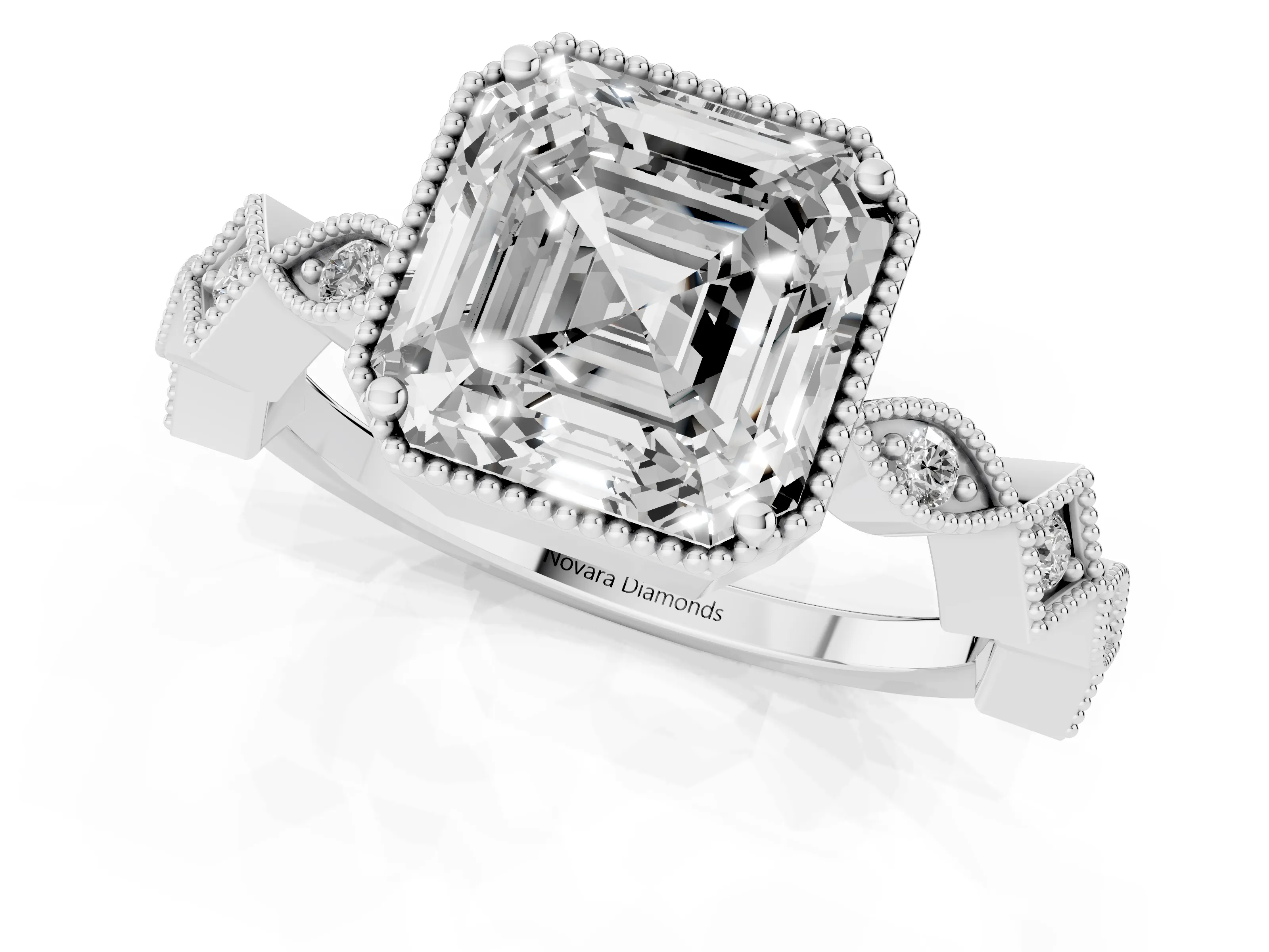 Asscher Cut Diamond Milgrain Marquise Twist Band Ring Set in White gold with Prong Setting