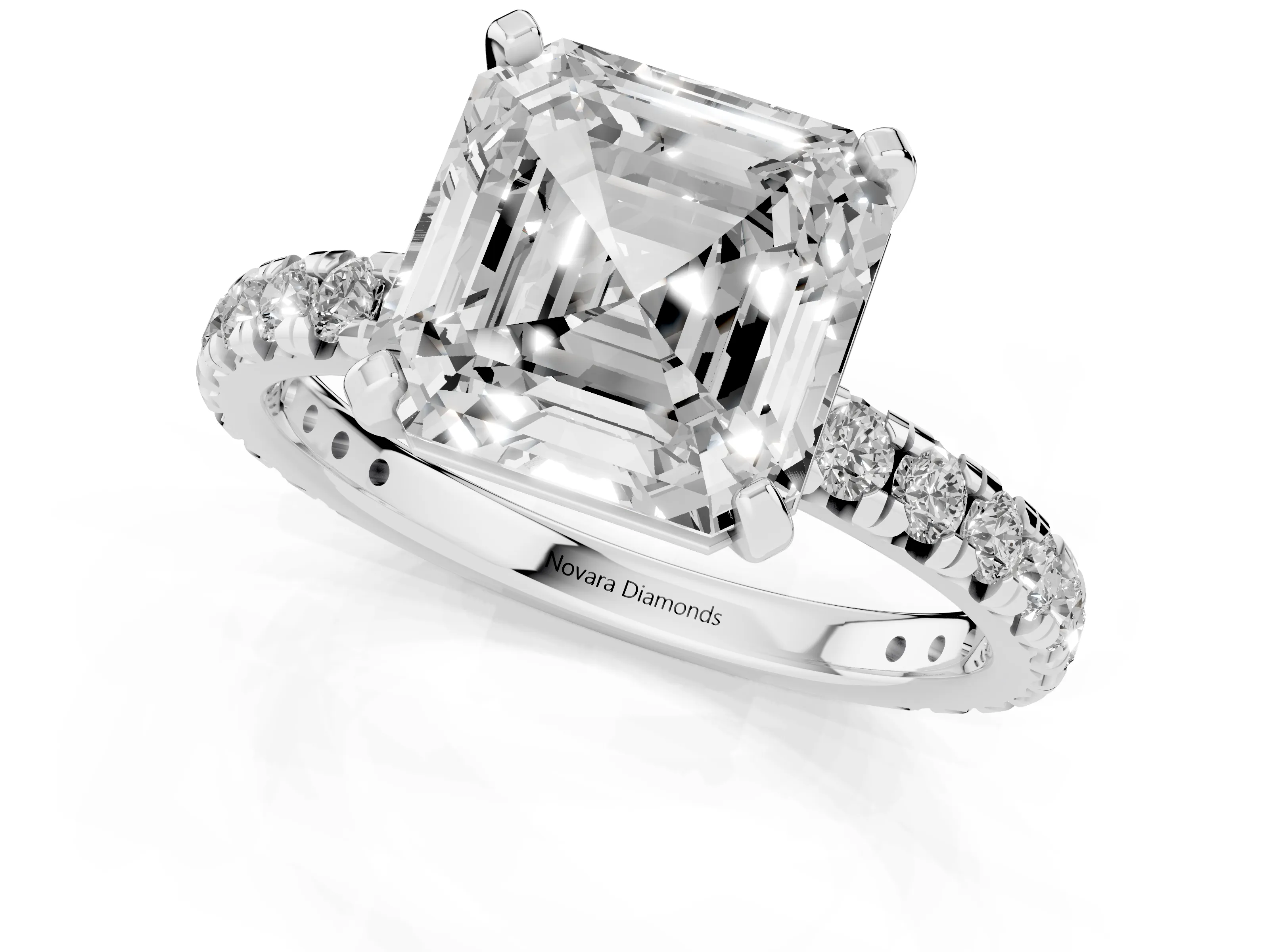 Asscher Cut Diamond Pavé Solitaire Ring Set in White gold with Round Band and Prong Setting – second view
