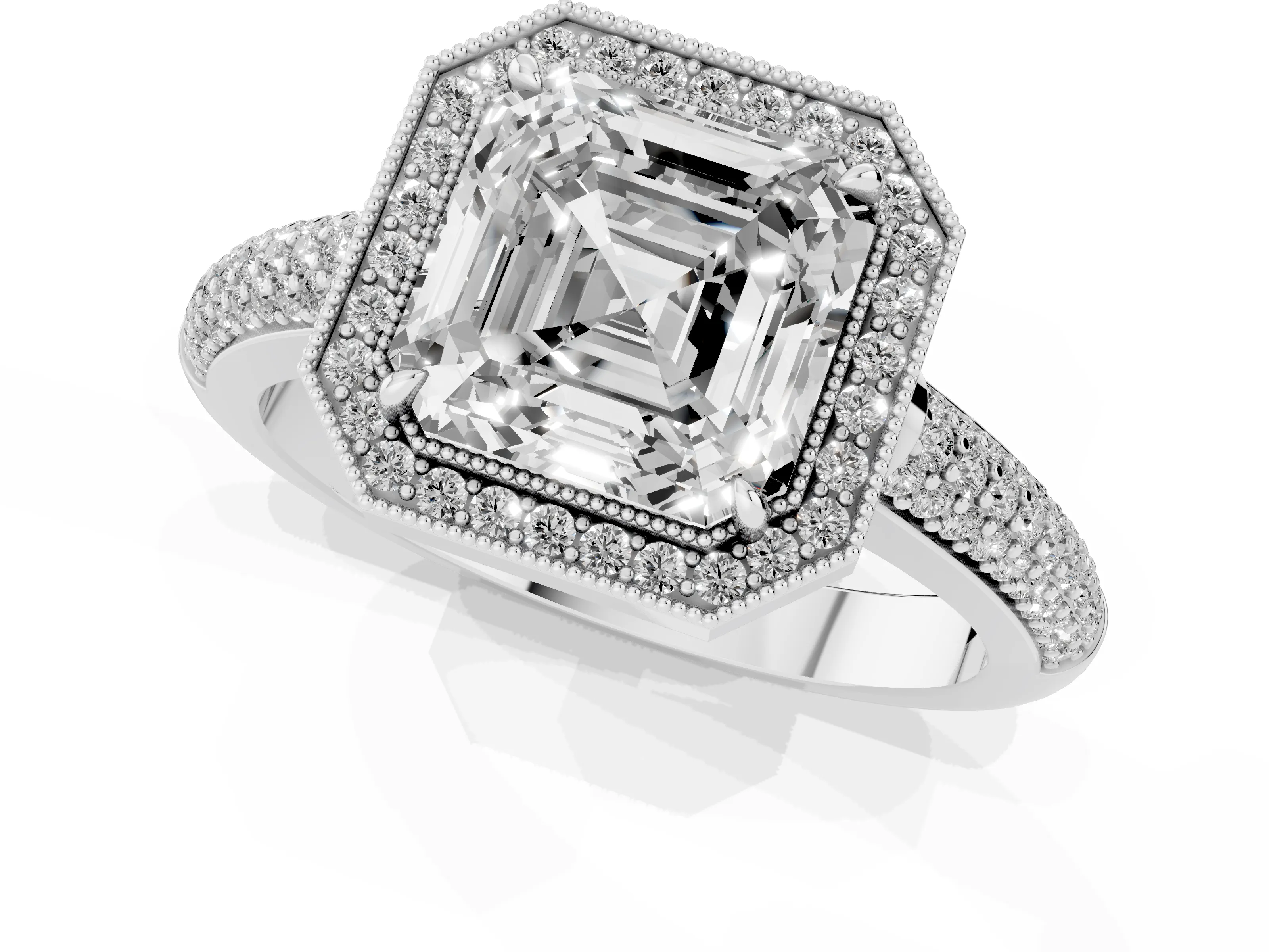 Asscher Cut Diamond Halo Pavé Band Set in Silver with Prong Setting