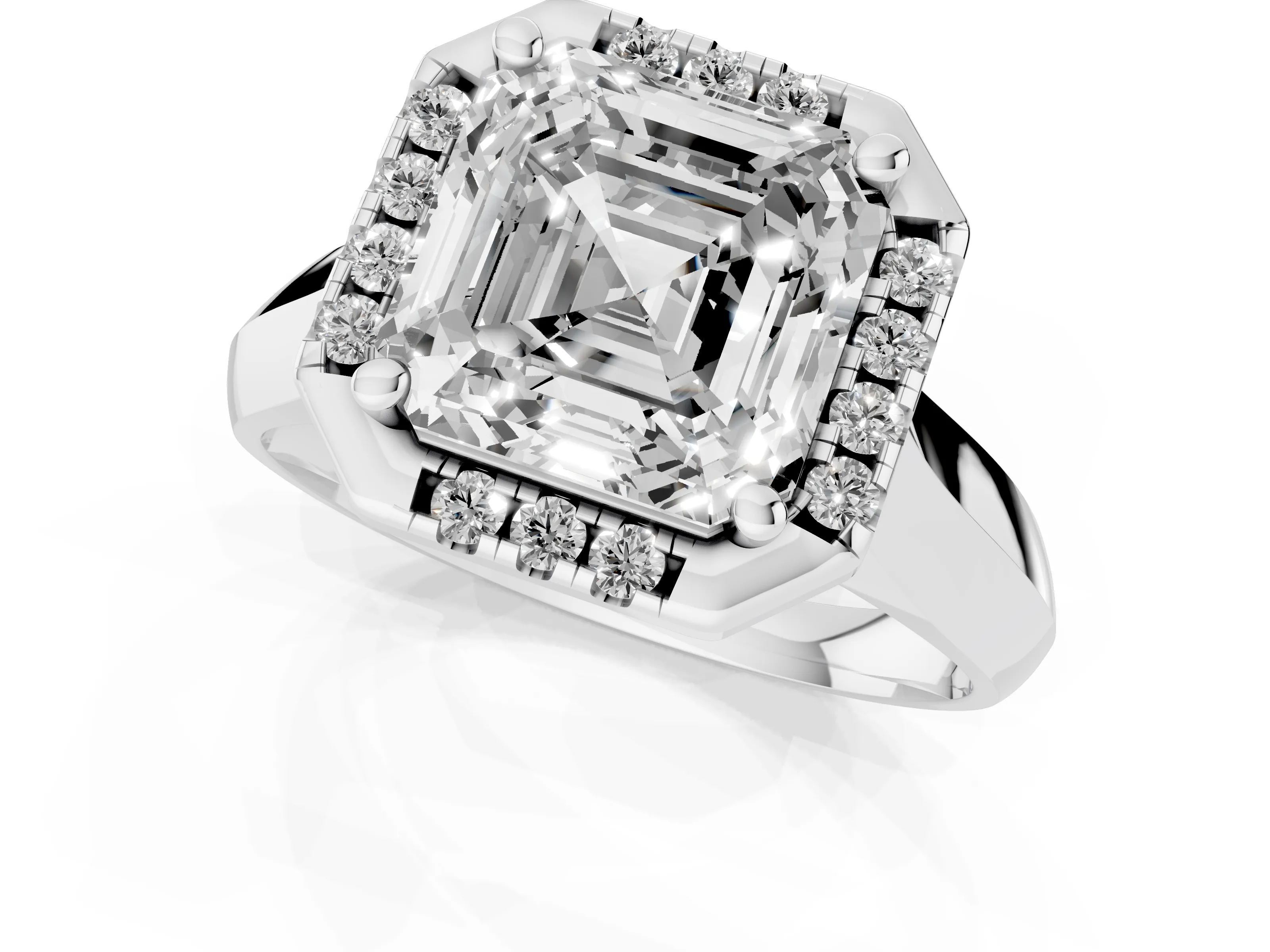Asscher Cut Diamond Halo Solitaire Engagement Ring Set in Silver with Square Band and Prong Setting