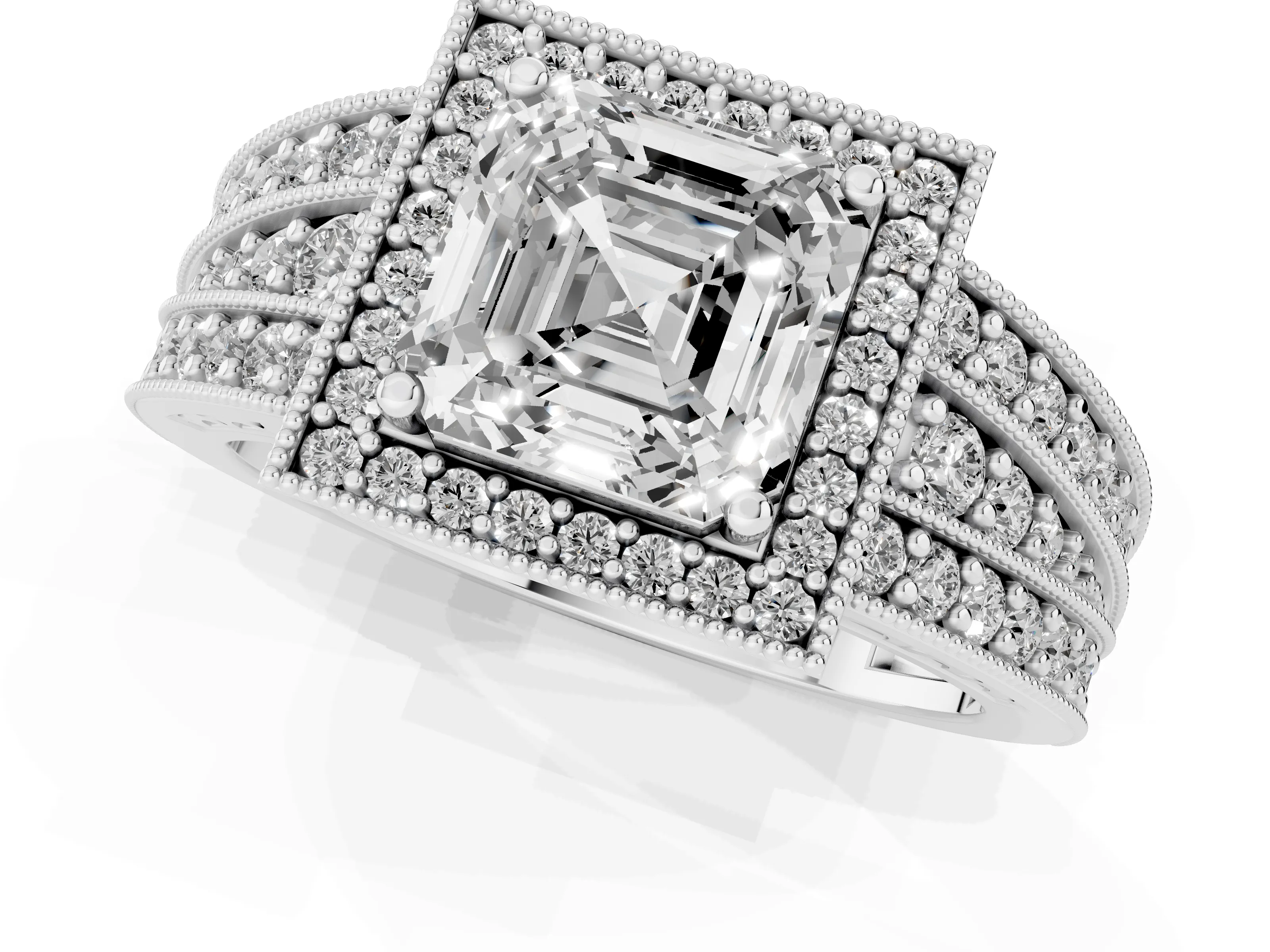 Asscher Cut Diamond Halo Ring Set in Silver with Accent Split Shank and Prong Setting