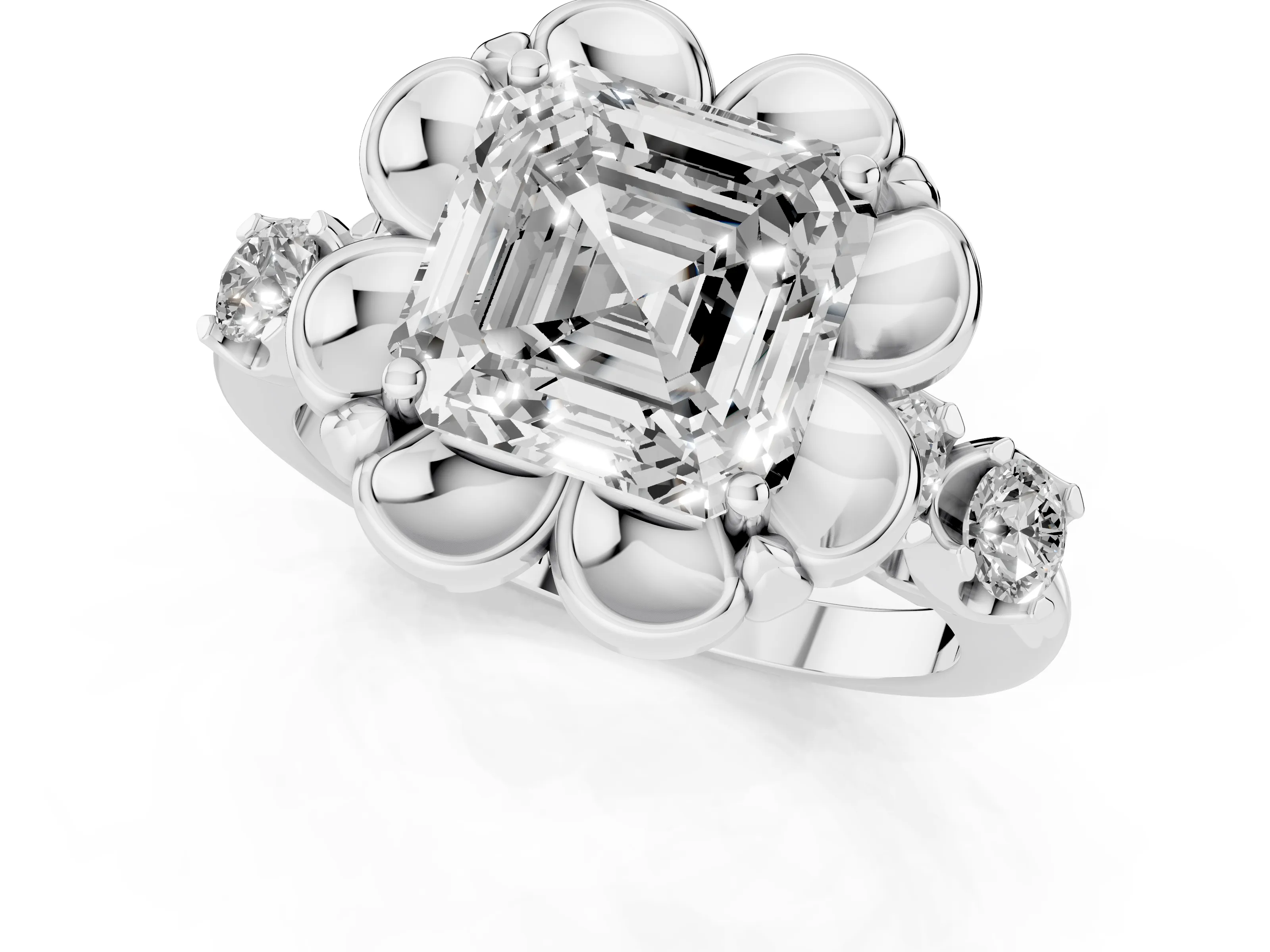 Asscher Cut Diamond Floral Halo Ring Set in Silver with Shared Prong Band