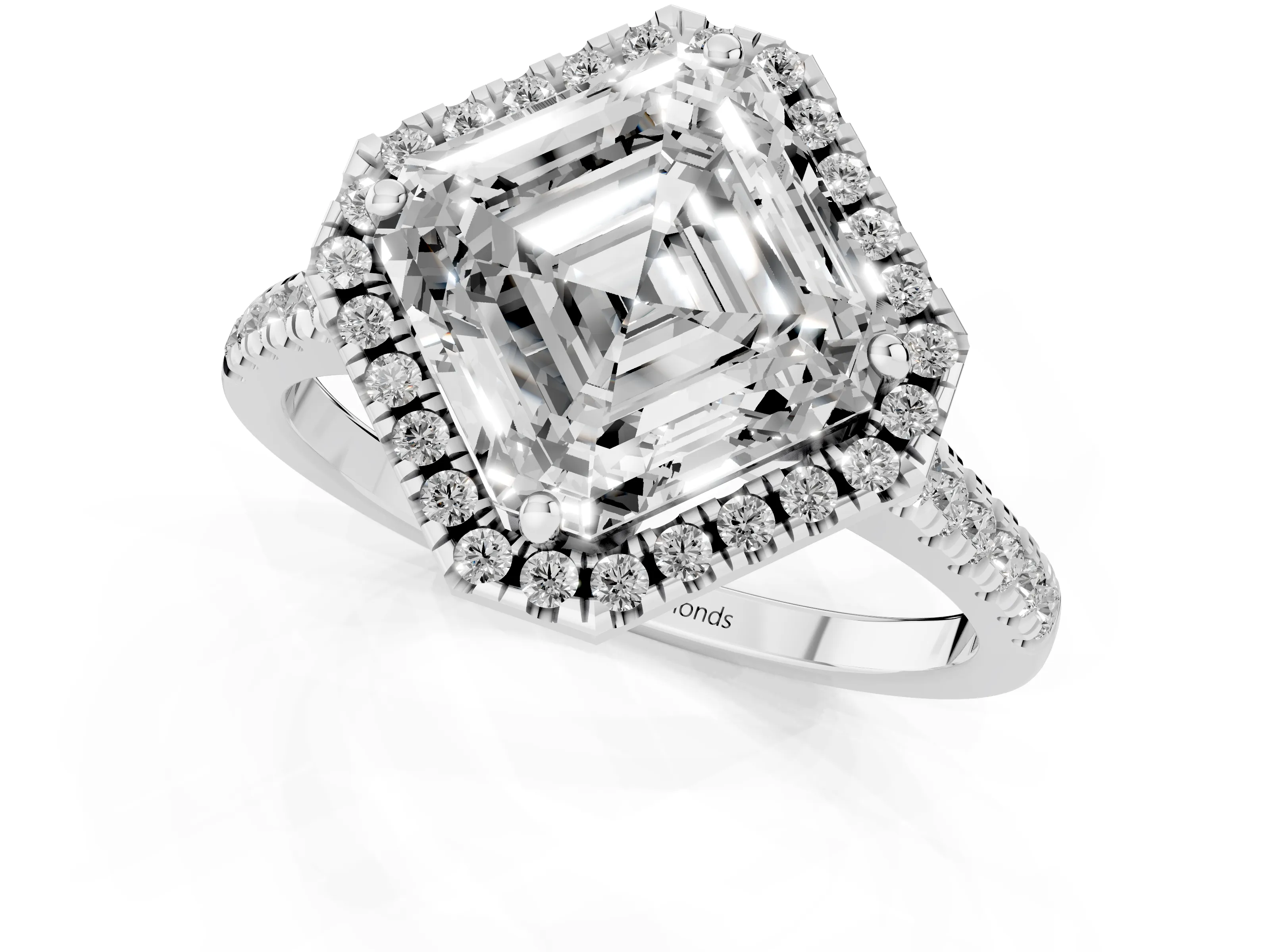 Asscher Cut Diamond Cushion Halo Ring Set in White gold with Pavé Band – second view