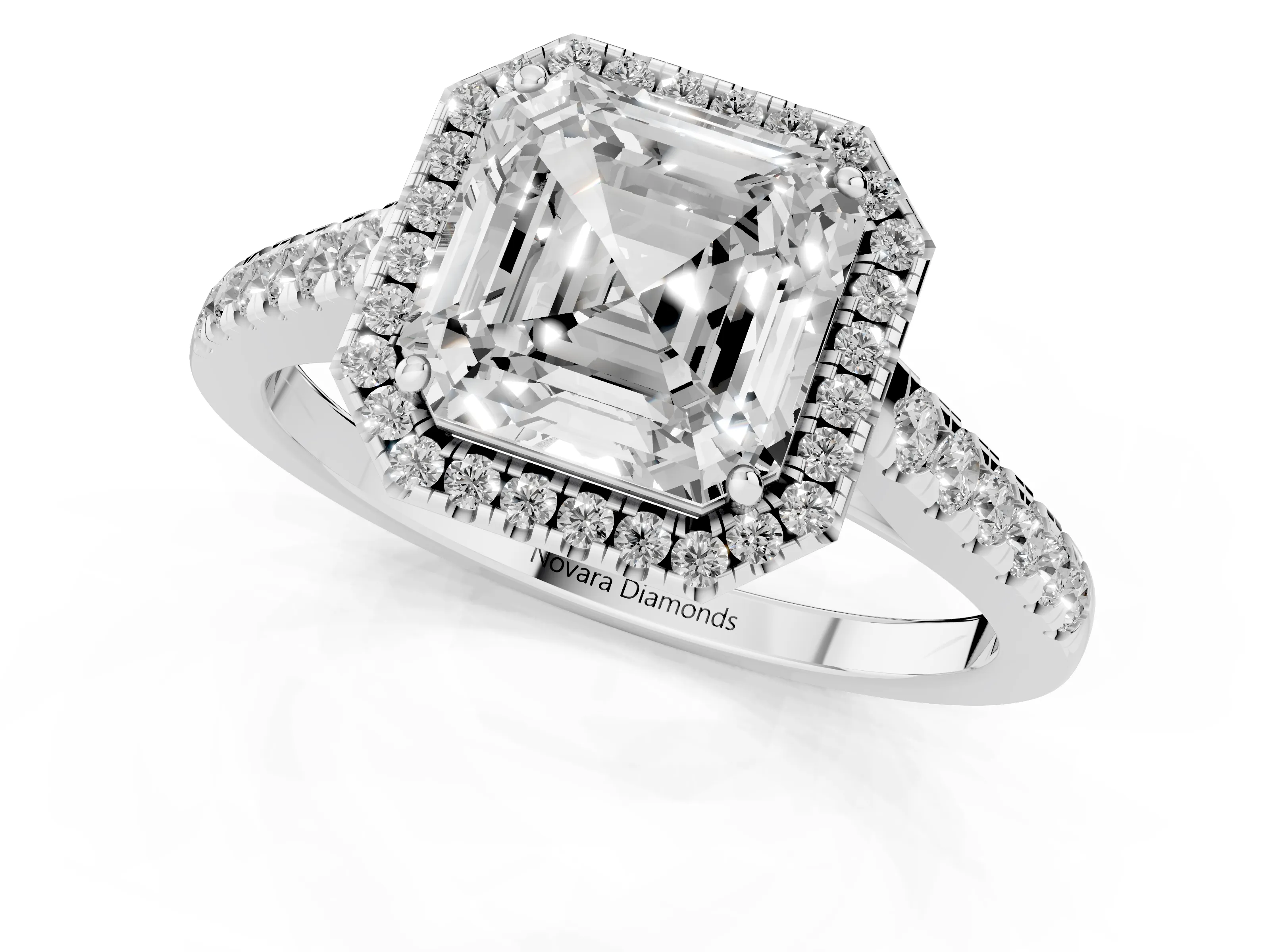 Asscher Cut Diamond Halo Pavé Engagement Ring Set in White gold with Prong Setting