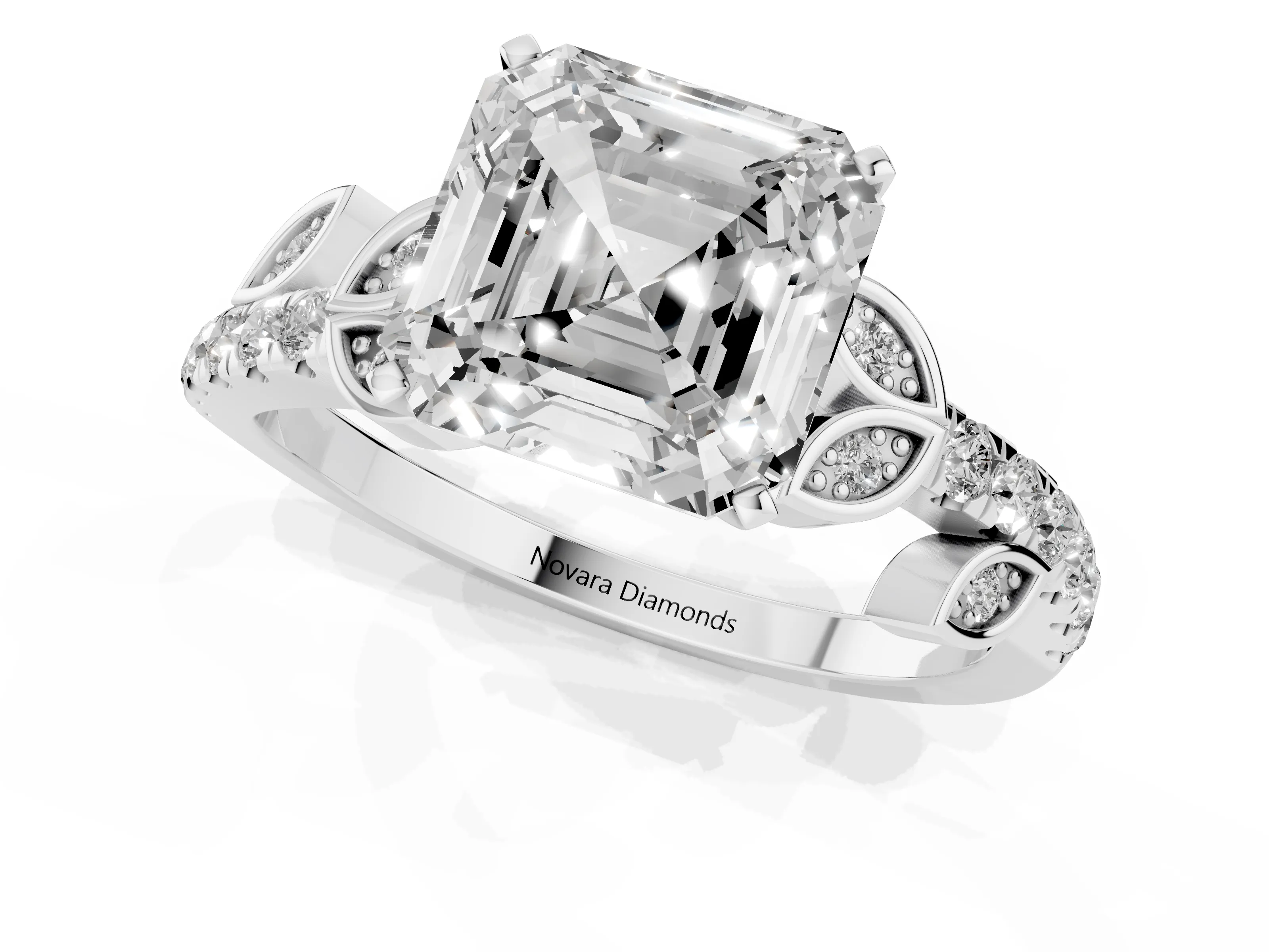 Asscher Cut Diamond Solitaire Leaf-Inspired Ring Set in Platinum with Pavé Band and Prong Setting