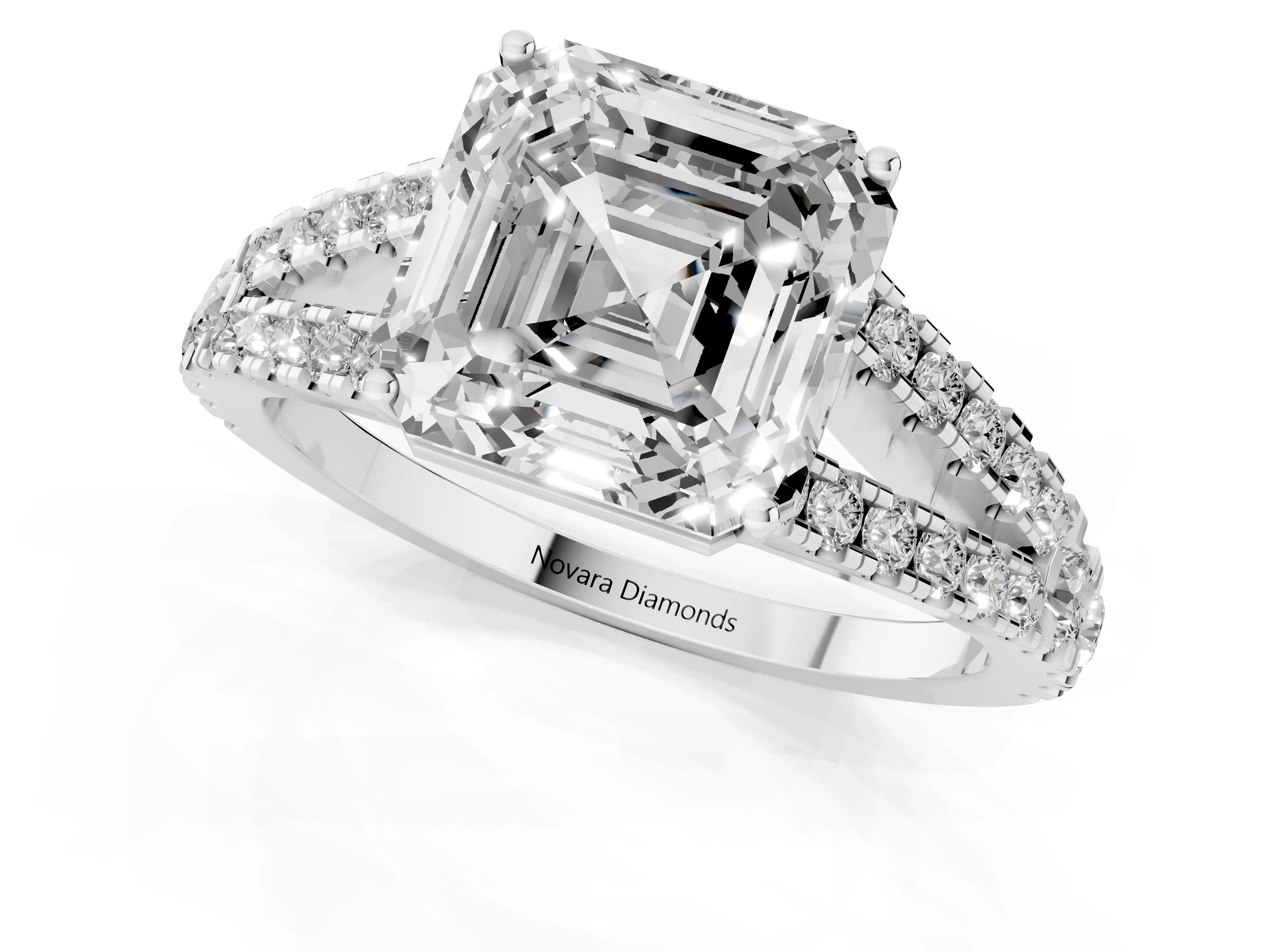 Asscher Cut Diamond Split Shank Engagement Ring Set in White gold with Round Pavé and Prong Setting – second view