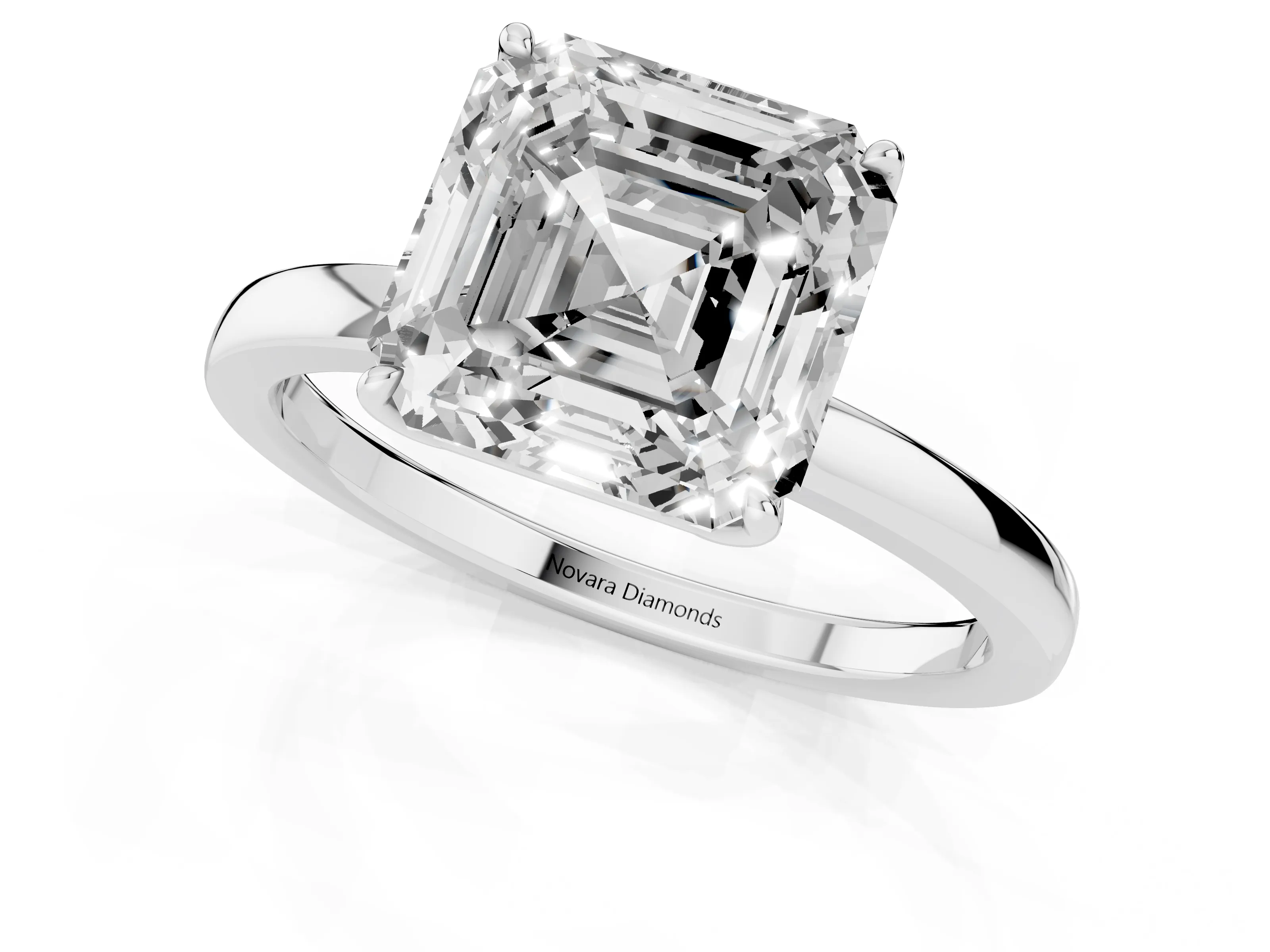 Asscher Cut Diamond Solitaire Ring Set in Silver with Prong Setting and Thin Polished Band