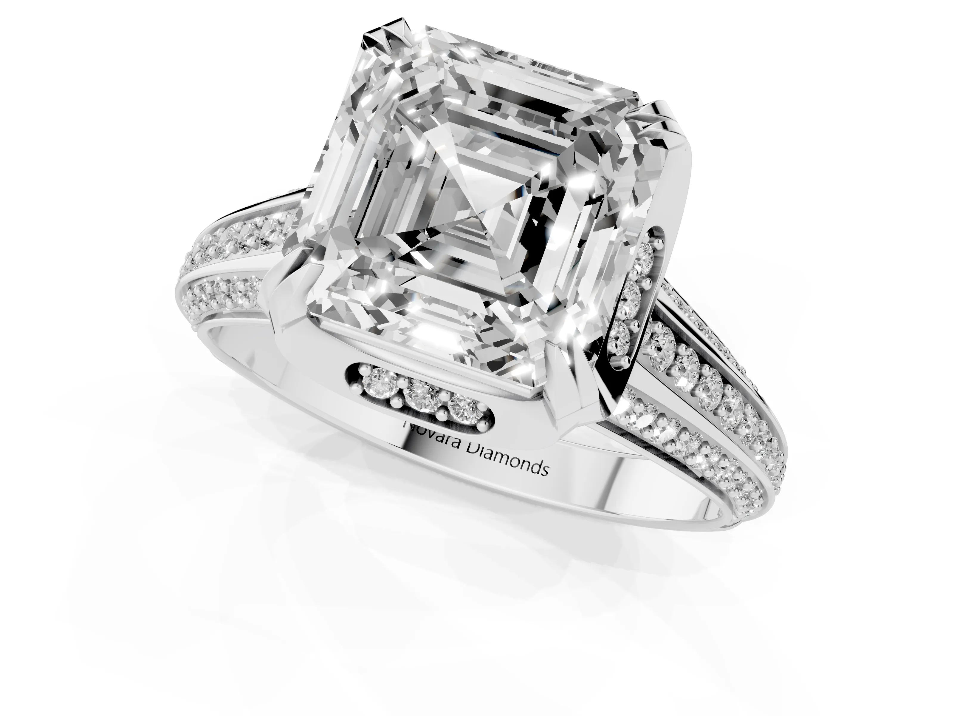Asscher Cut Diamond Pavé Split Shank Solitaire Ring Set in Silver with Prong Setting