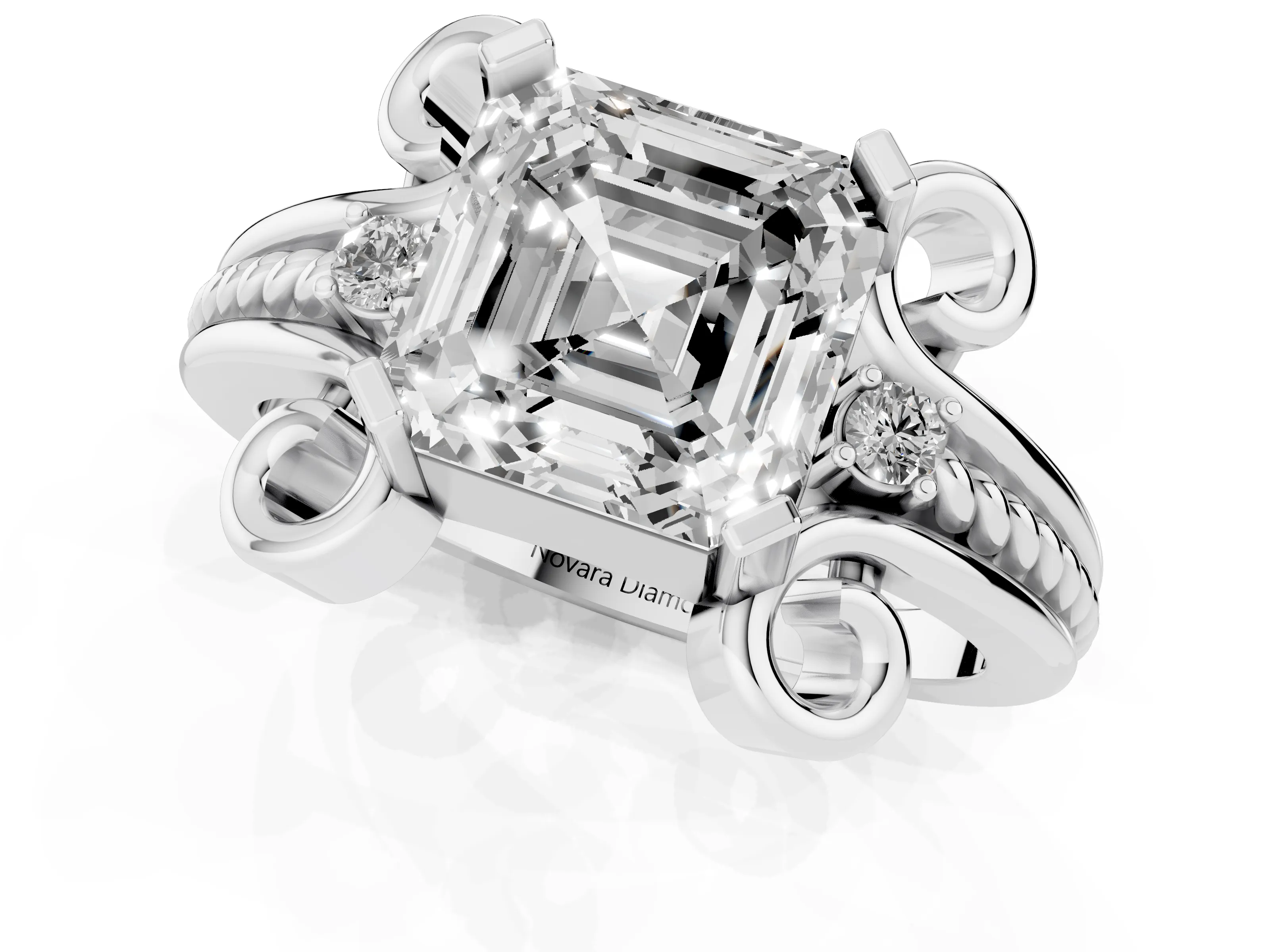 Asscher Cut Diamond Twisted Band Solitaire Ring Set in Platinum with Scroll Prongs