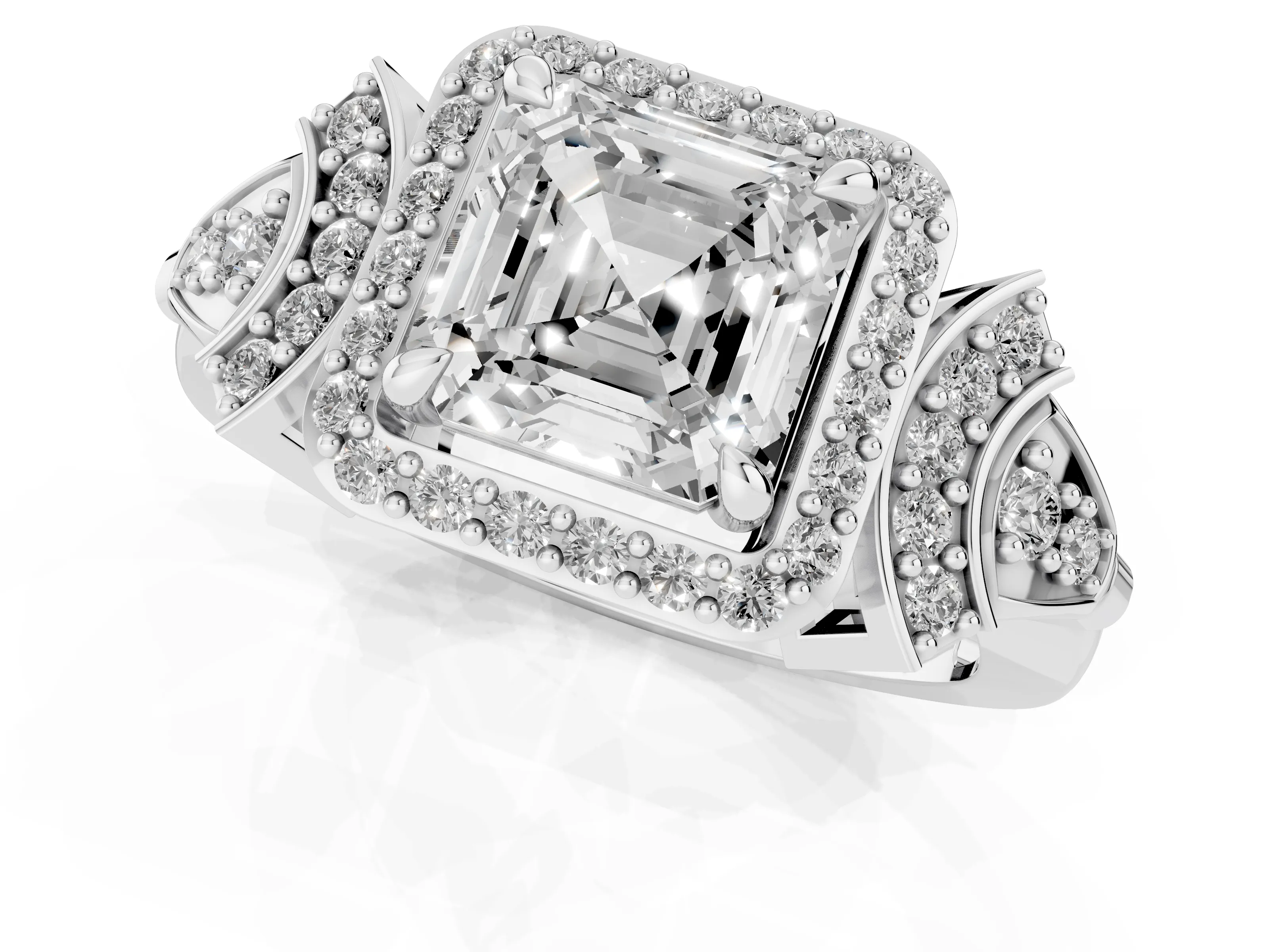 Asscher Cut Diamond Halo Engagement Ring Set in Platinum with Accent Stone Split Shank