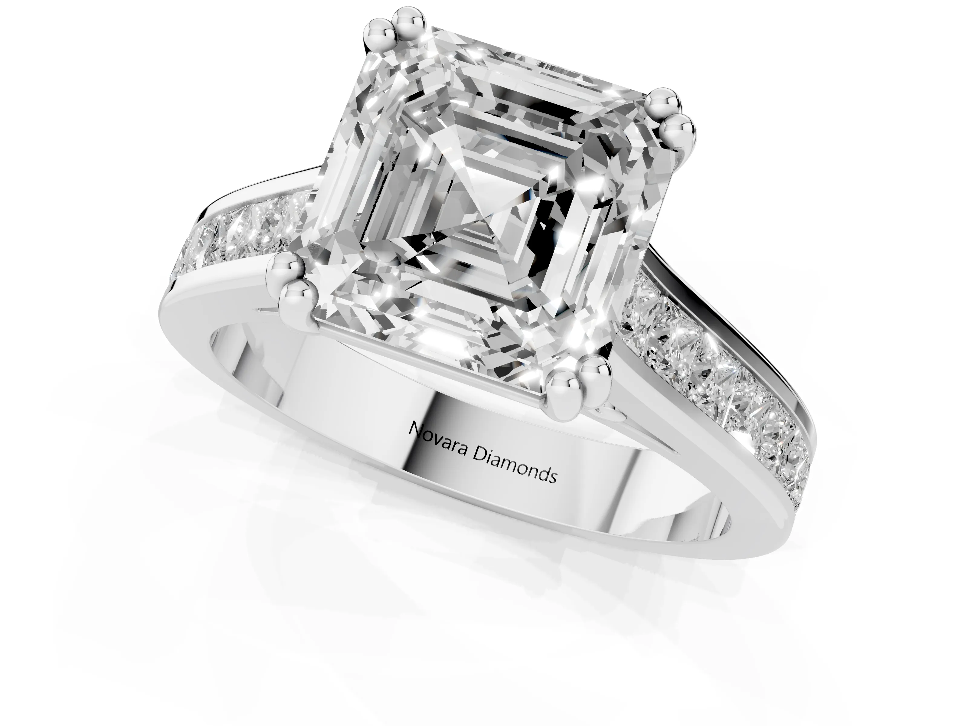 Asscher Cut Diamond Channel Set Solitaire Engagement Ring Set in Silver with Prong Setting