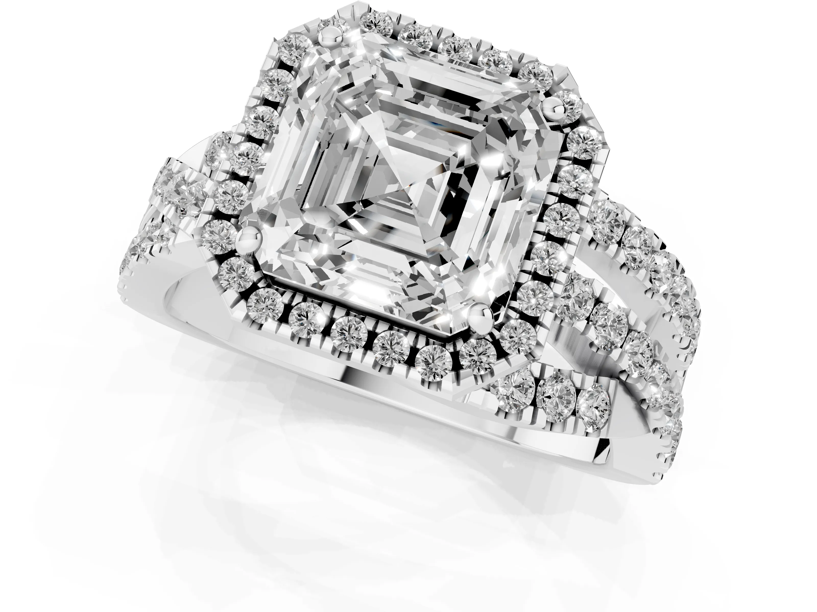 Asscher Cut Diamond Halo Ring Set in White gold with Round Crossover Split Shank and Prong Setting
