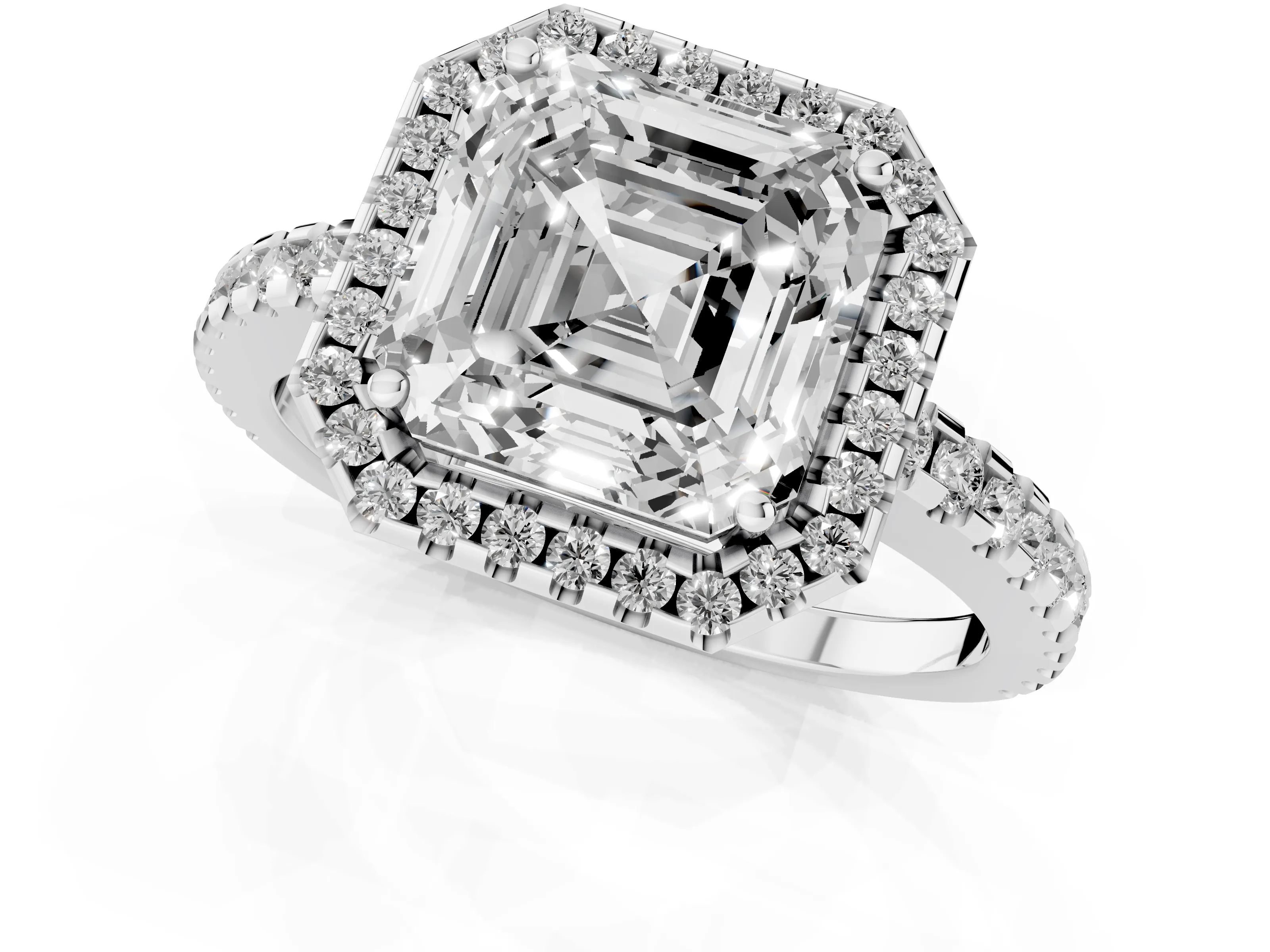 Asscher Cut Diamond Halo Ring Set in Platinum with Pavé Shoulders and Halo-Framed Center