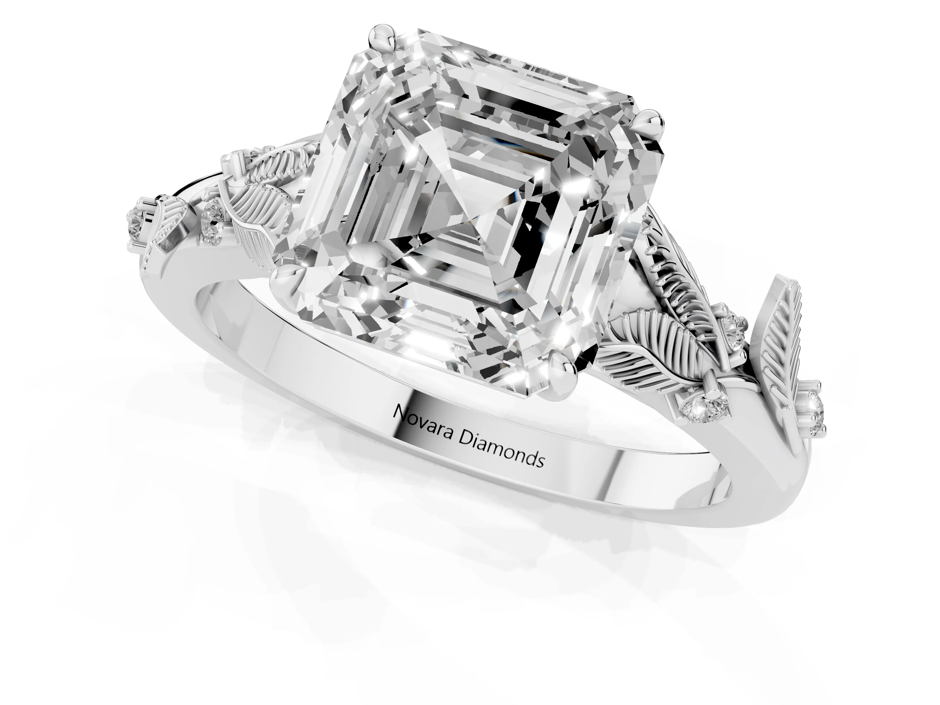Asscher Cut Diamond Solitaire Ring Set in White gold with Leaf Motif Band – second view