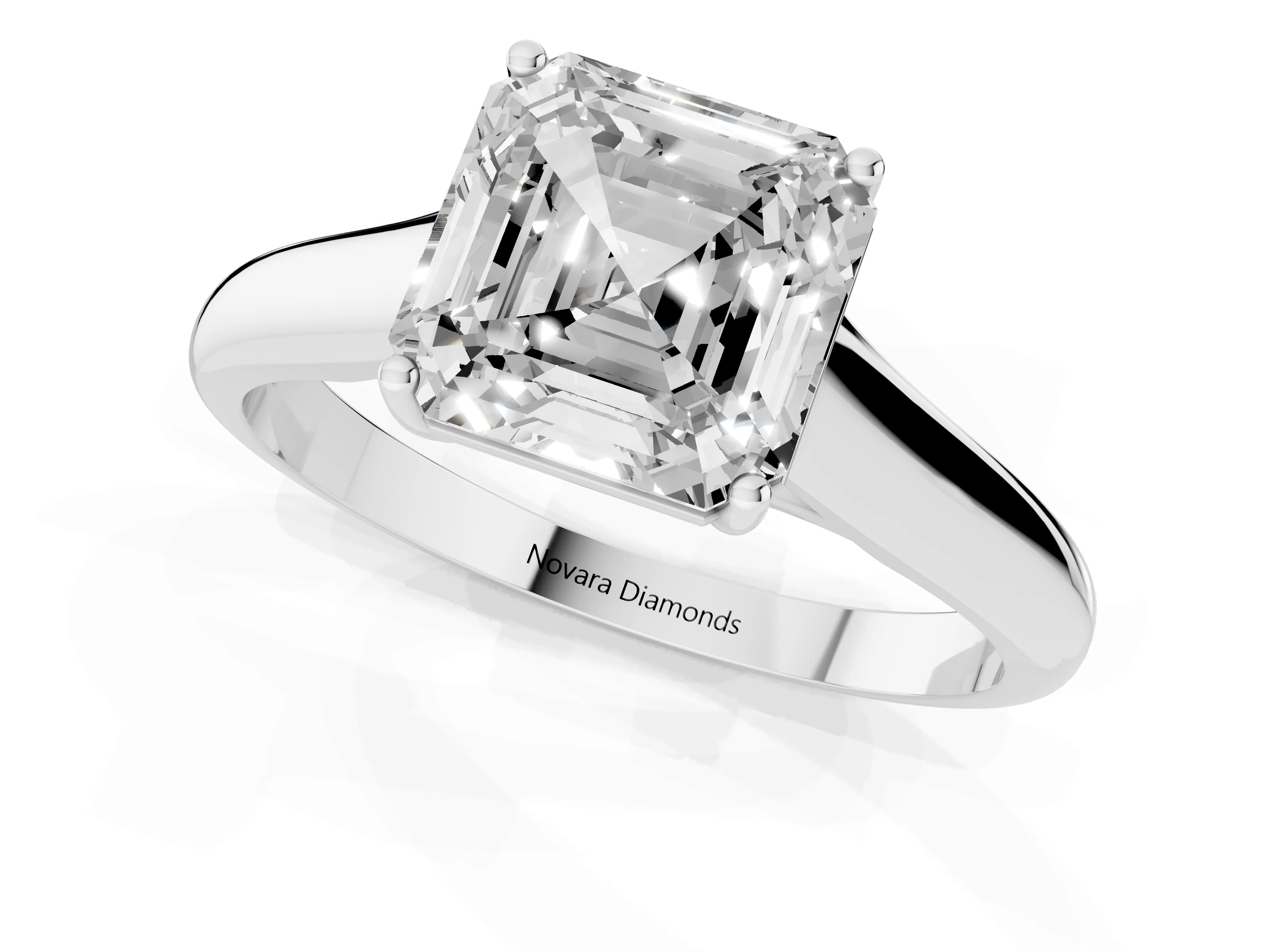 Asscher Cut Diamond Solitaire Engagement Ring Set in Platinum with Subtly Tapered Band and Prong Setting