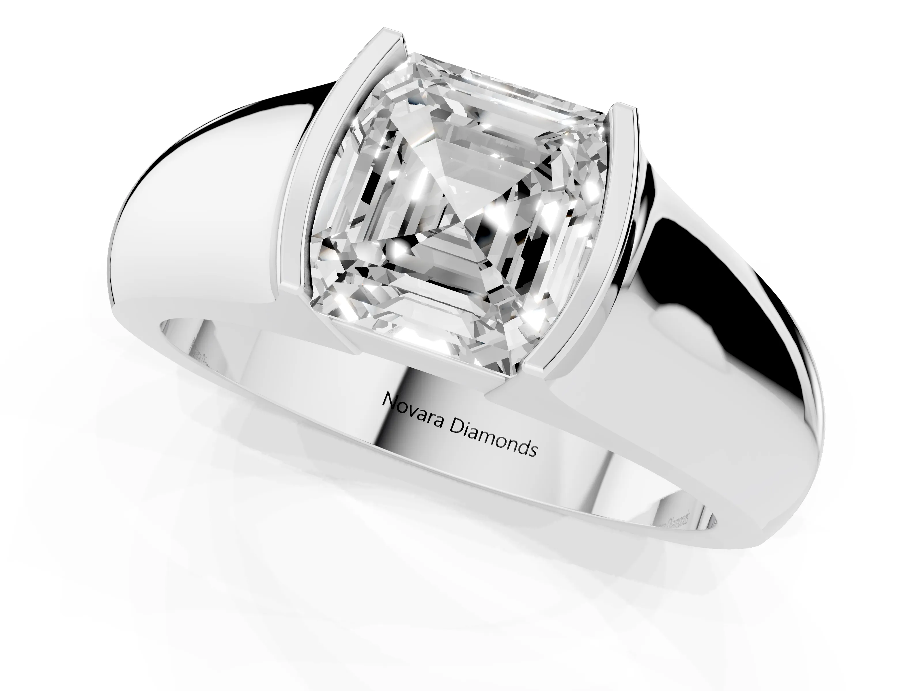 Asscher Cut Diamond Bezel Solitaire Ring Set in White gold with Wide Band