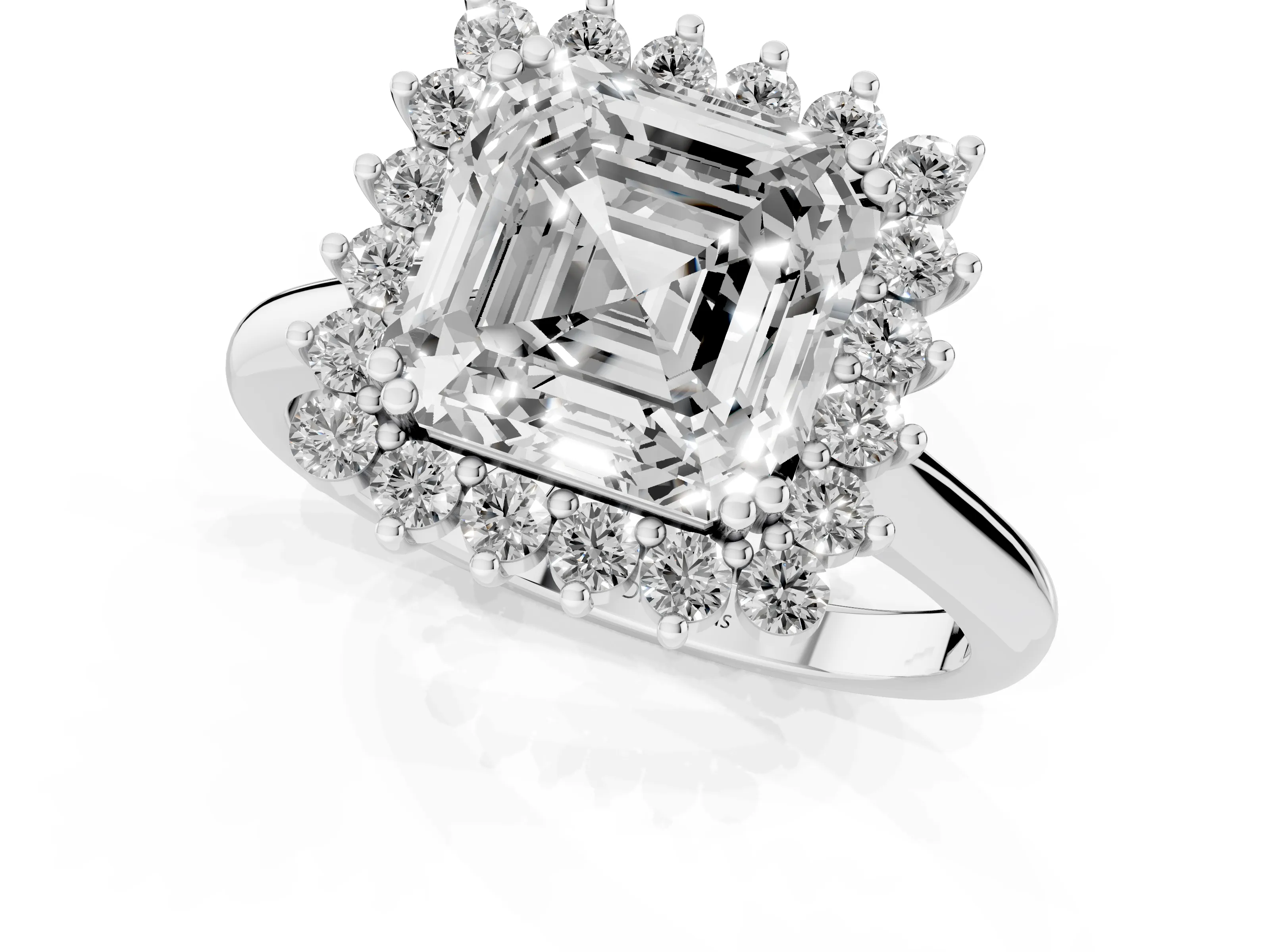 Asscher Cut Diamond Halo Ring Set in Platinum with Plain Solitaire Band and Prong Setting