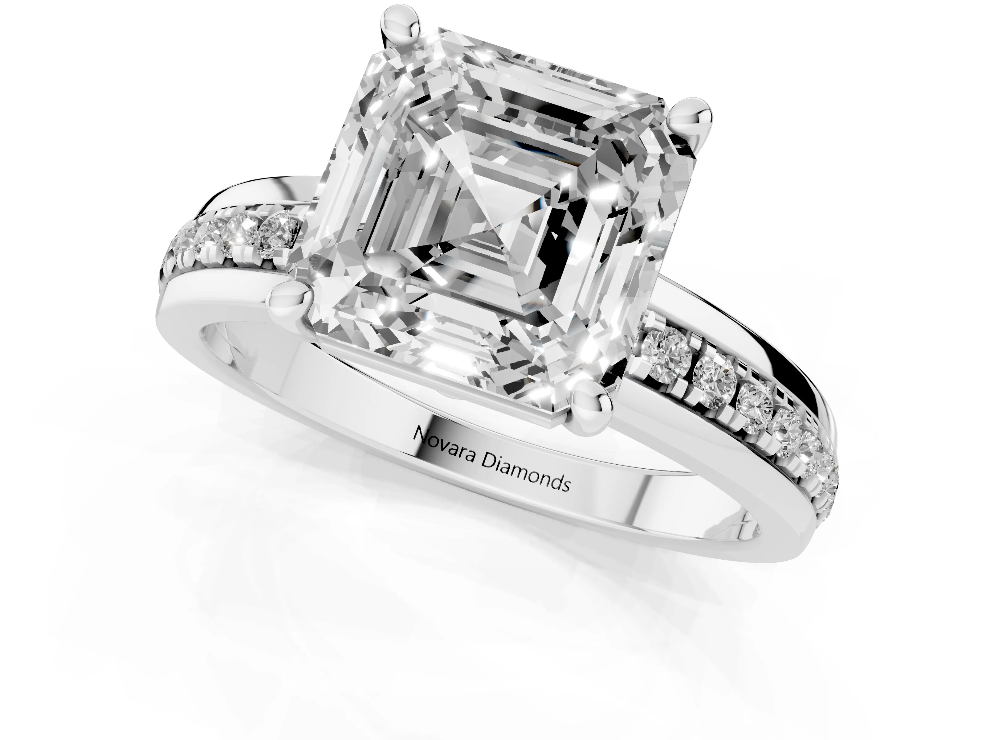 Asscher Cut Diamond Solitaire Ring Set in White gold with Channel Set Band and Prong Setting