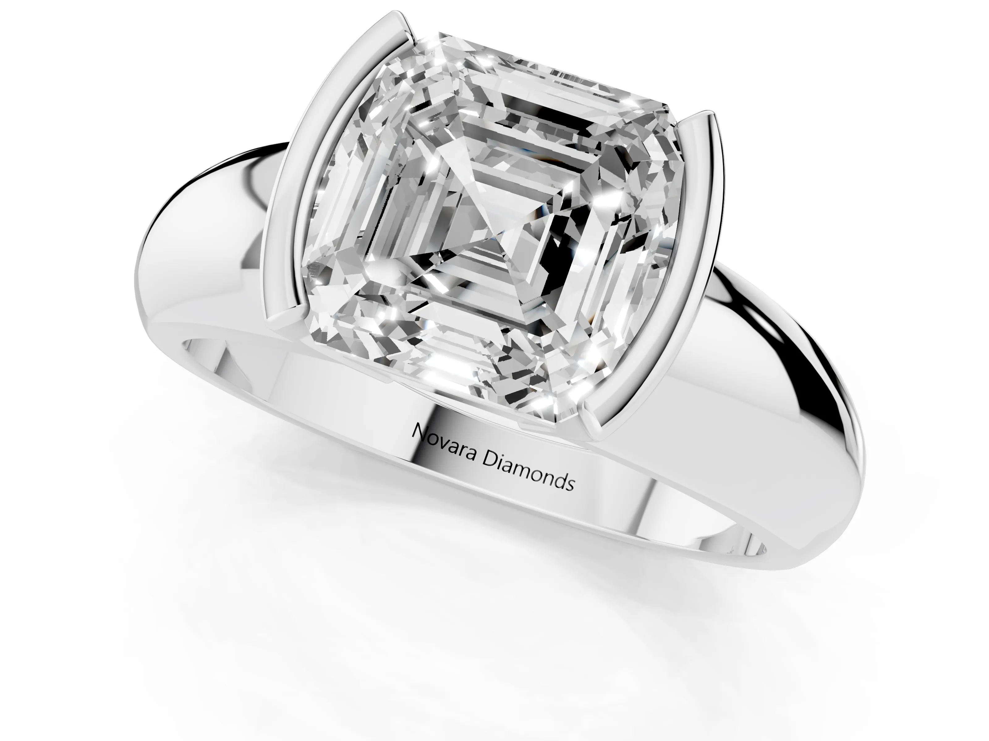 Asscher Cut Diamond Solitaire Tension Set Ring Set in White gold with Wide Band