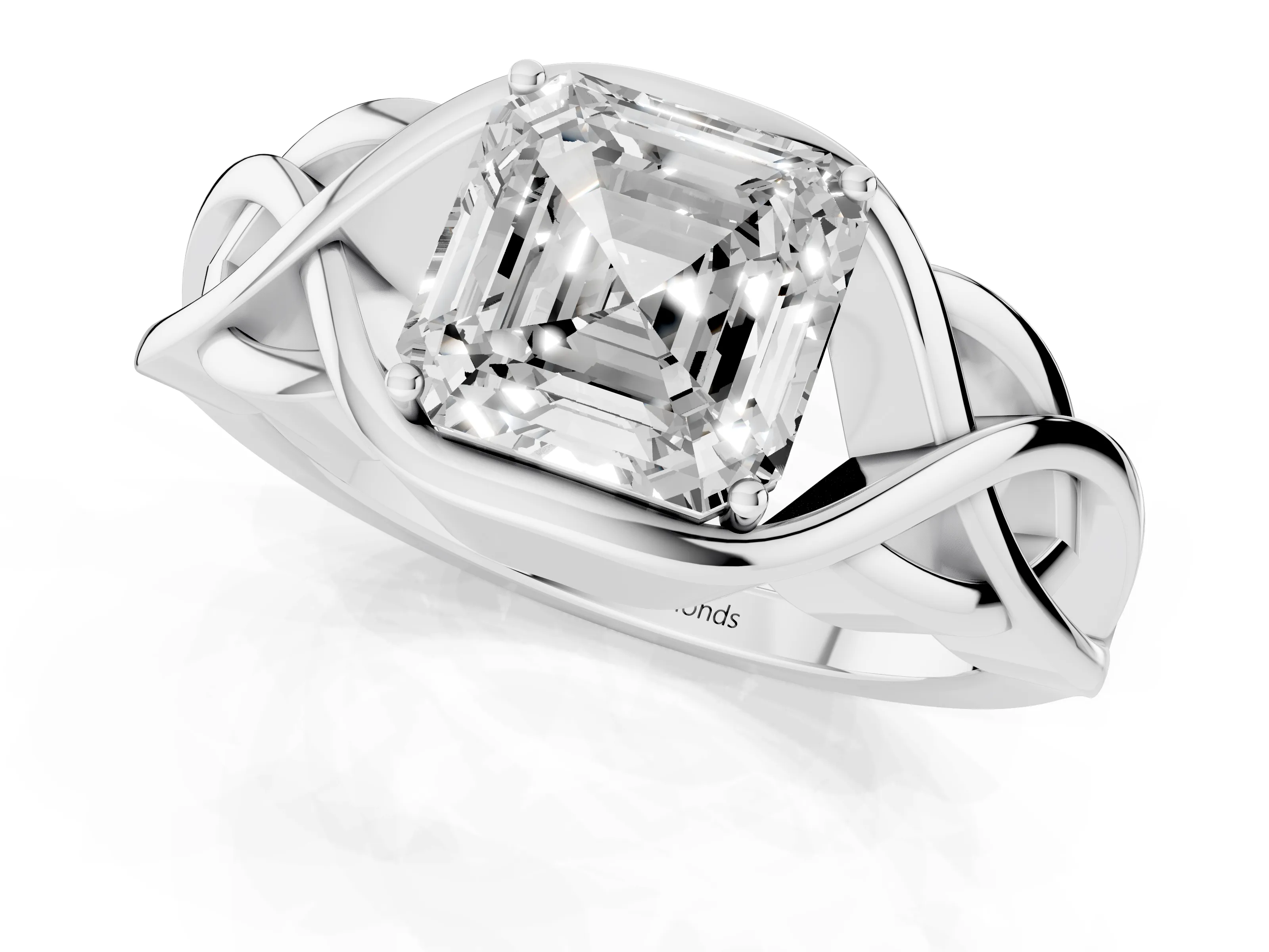 Asscher Cut Diamond Solitaire Ring Set in Silver with Intertwined Band