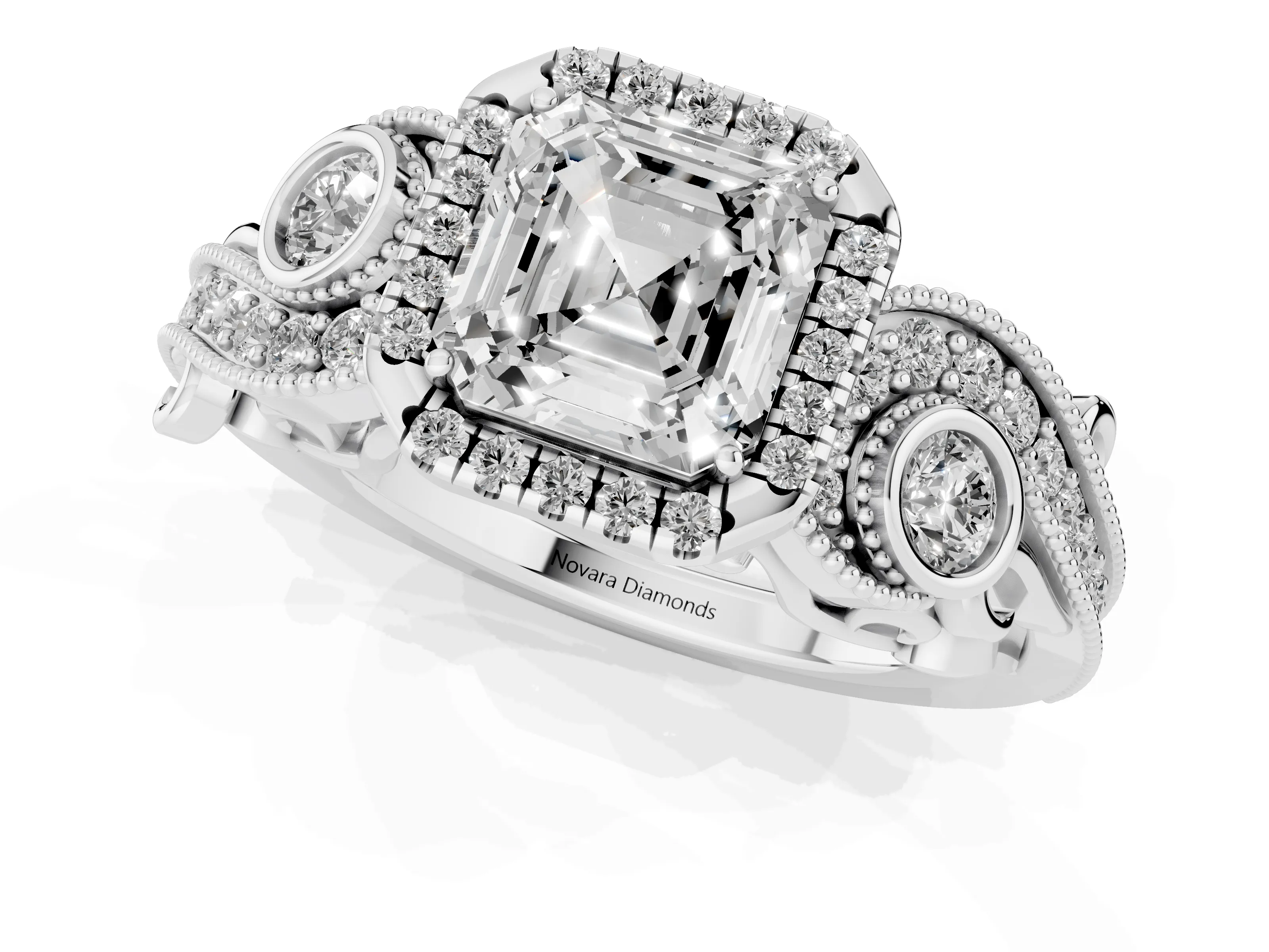 Asscher Cut Diamond Halo Ring Set in White gold with Milgrain Pavé Band and Prong Setting