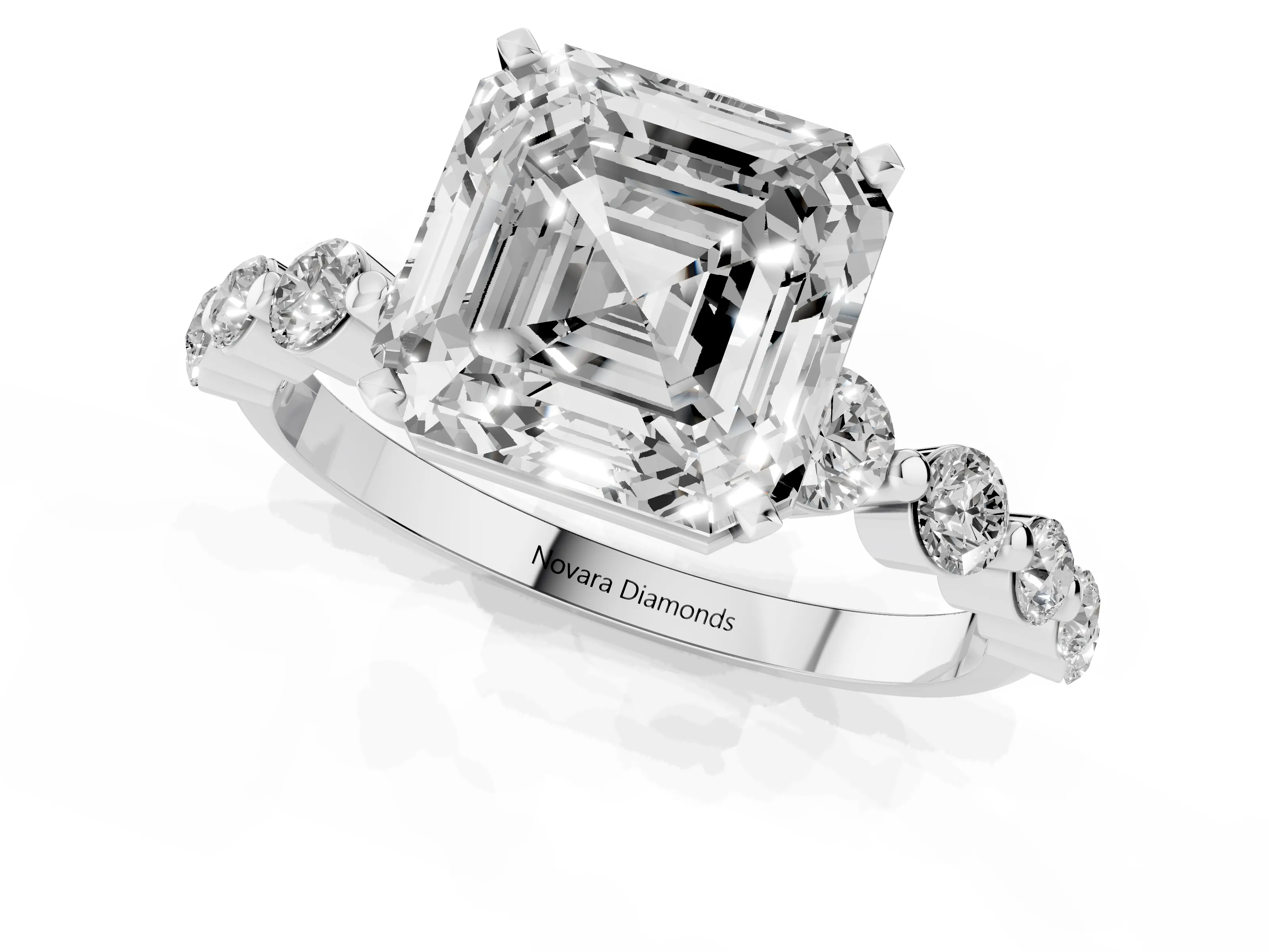 Asscher Cut Diamond Solitaire Ring Set in White gold with Pavé Band and Prong Setting – second view