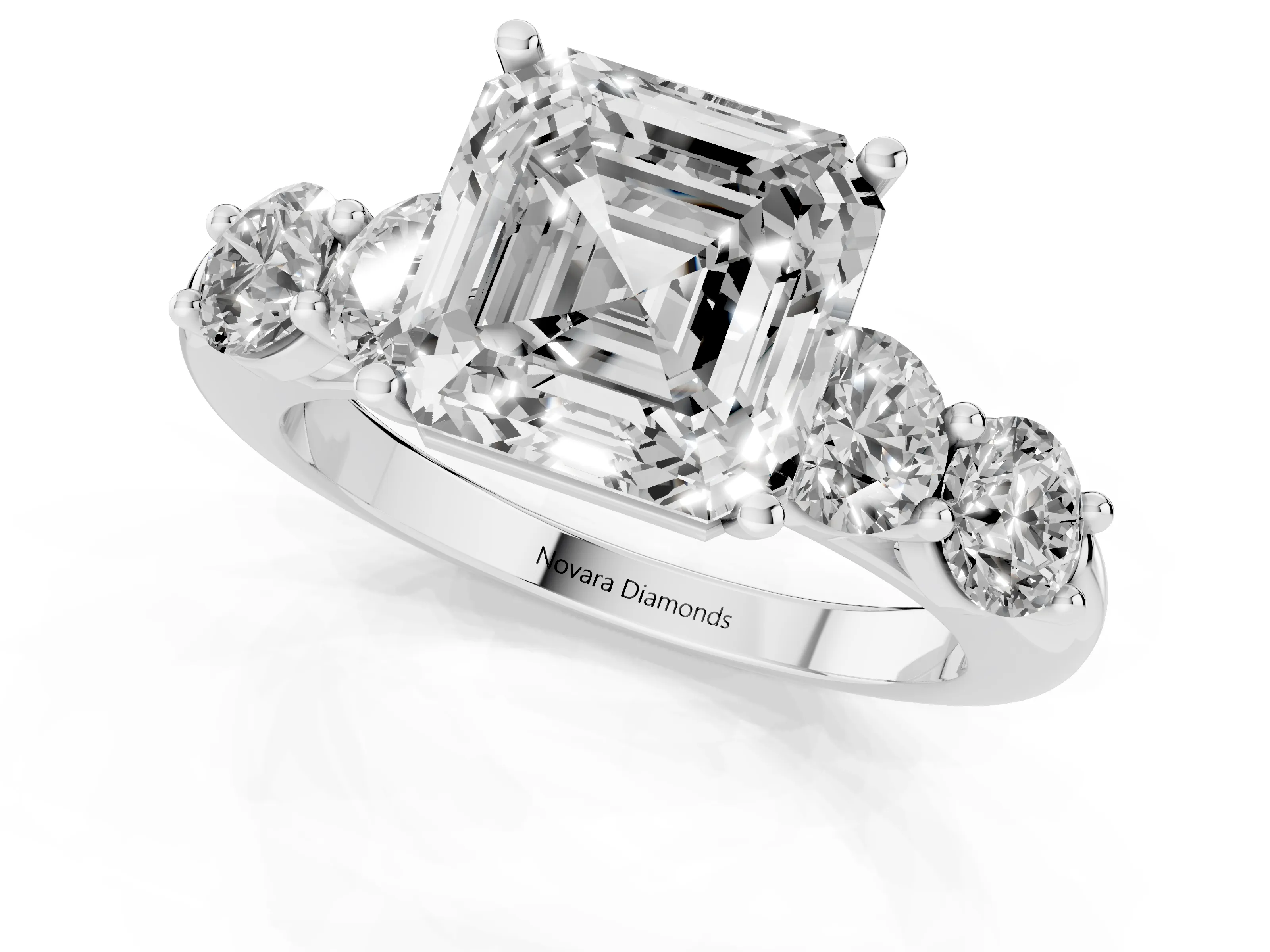 Asscher Cut Diamond Five-Stone Prong Set Ring Set in White gold with Classic Band