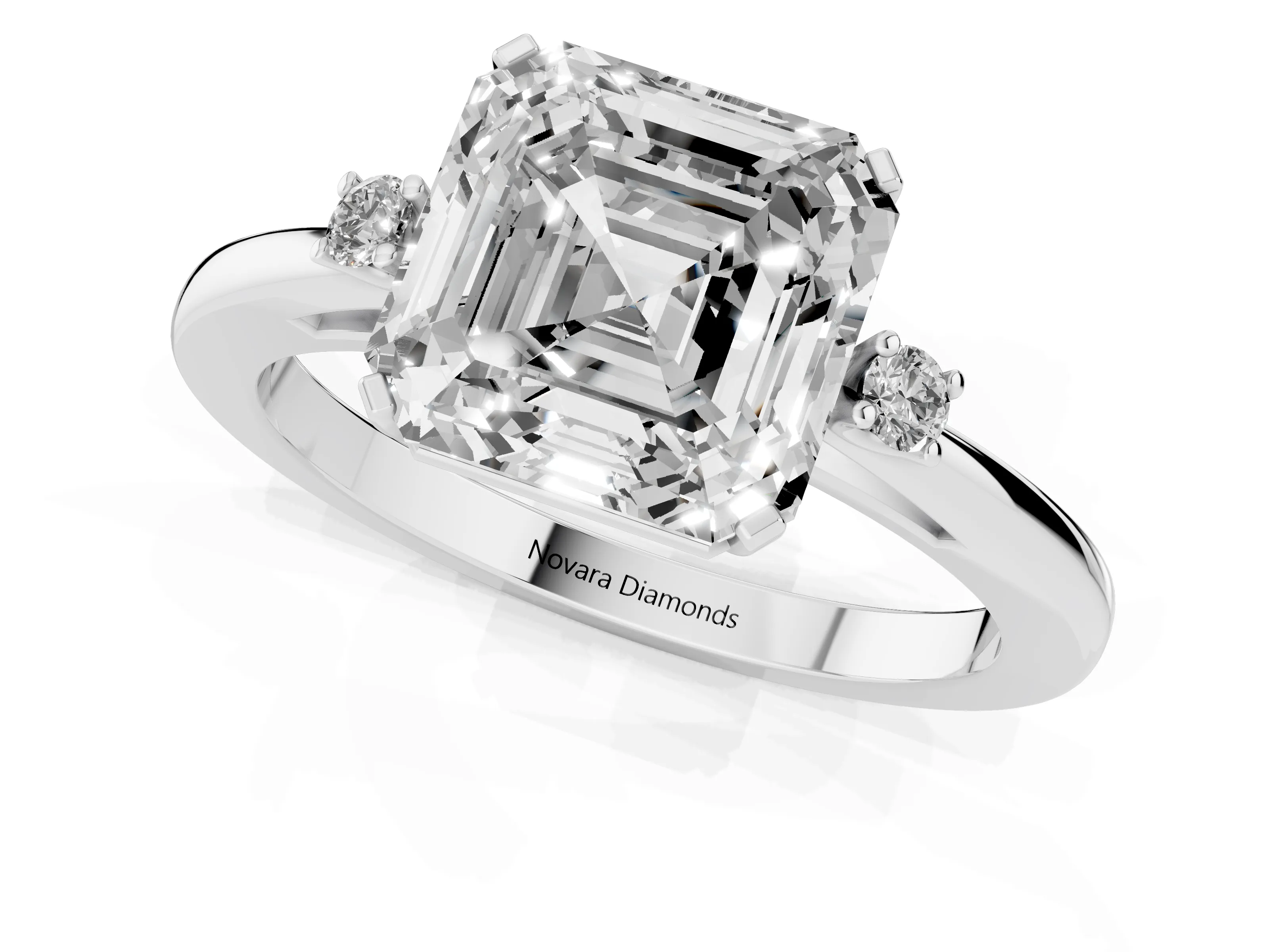 Three-Stone Asscher Cut Diamond Solitaire Ring Set in Silver with Round Accent Stones and Prong Setting – second view