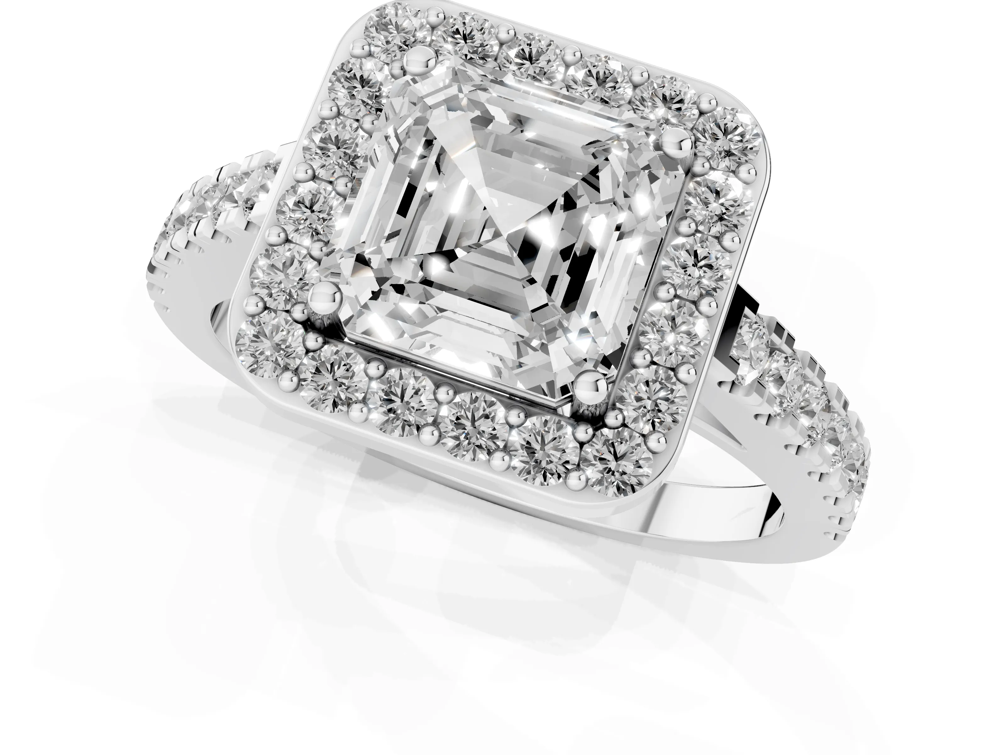 Asscher Cut Diamond Halo Ring Set in White gold with Round Pavé Split Shank and Prong Setting