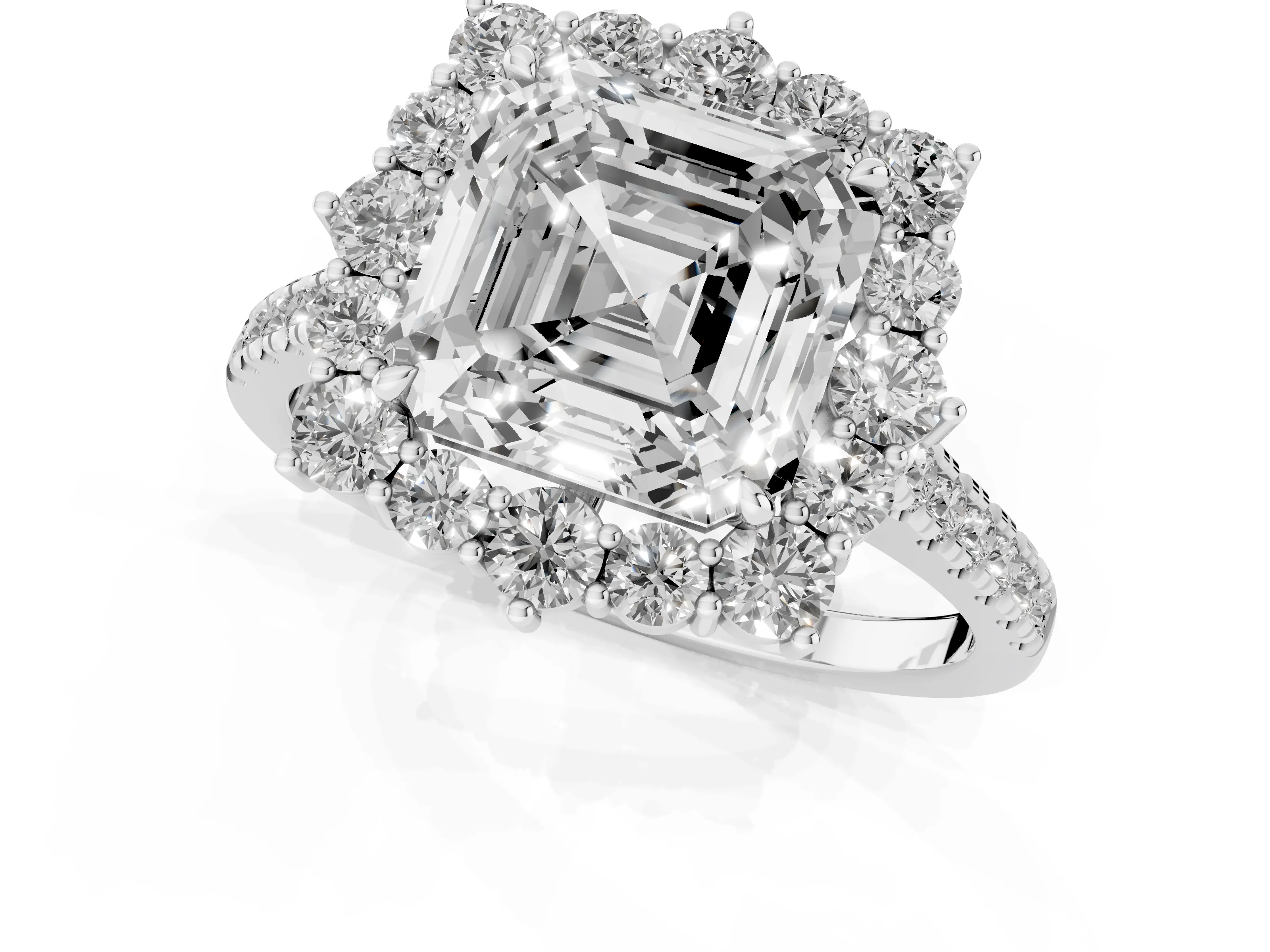 Asscher Cut Diamond Halo Ring Set in Silver with Pavé Band and Prong Setting