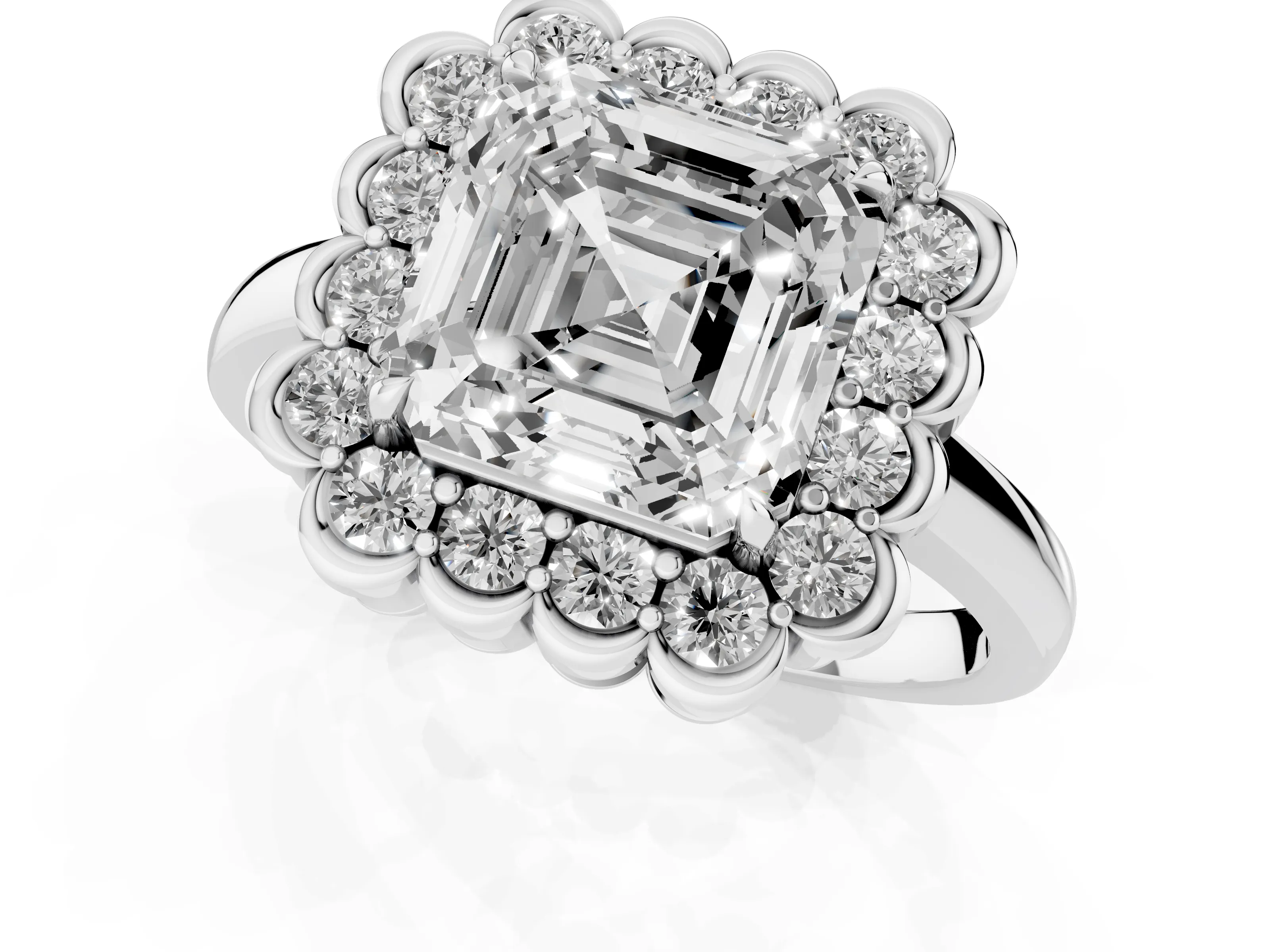 Asscher Cut Diamond Halo Cluster Engagement Ring Set in Silver with Solitaire Band and Prong Setting