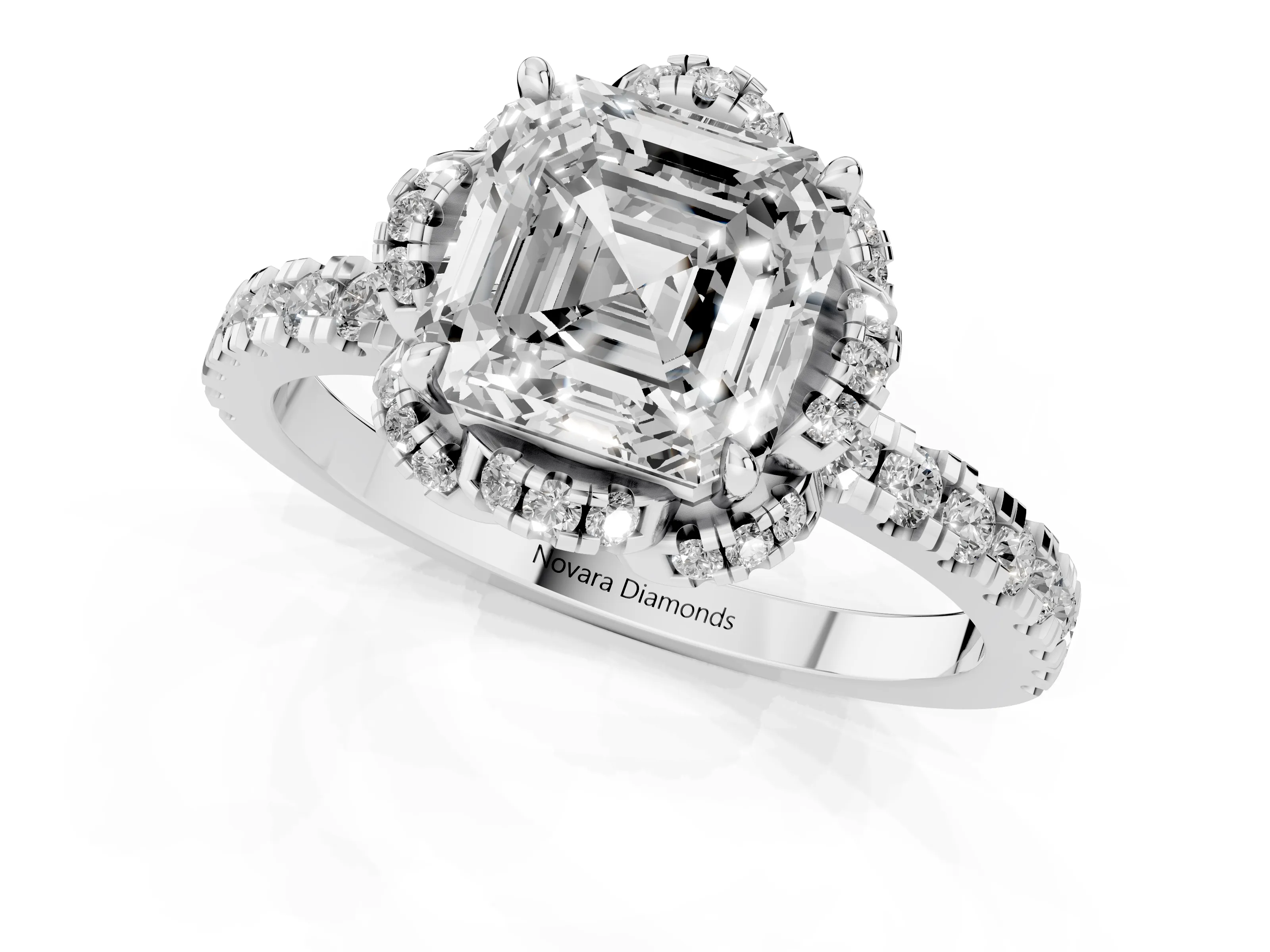 Asscher Cut Diamond Halo Pavé Ring Set in White gold with Prong-Held Center Stone
