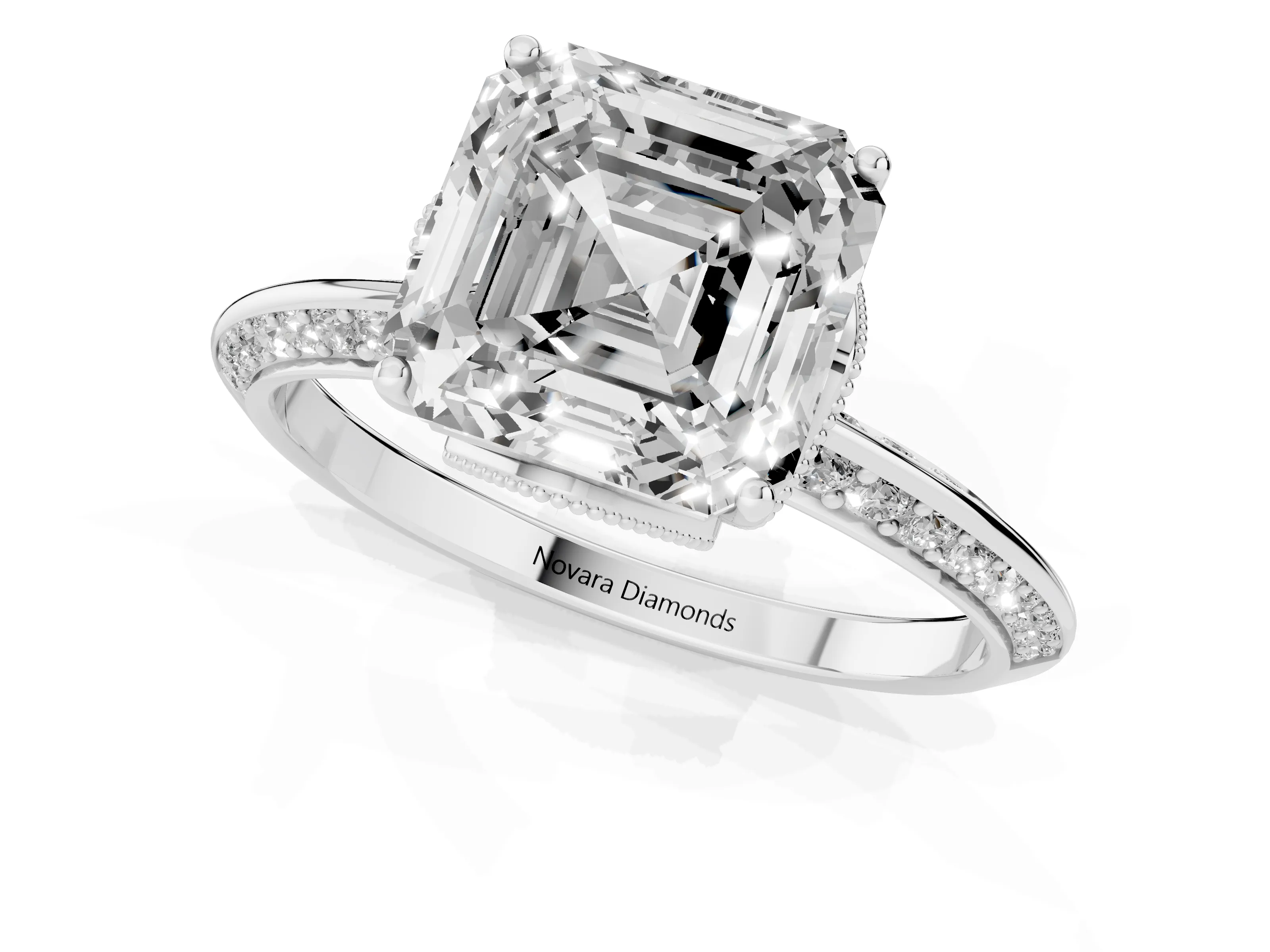 Asscher Cut Diamond Solitaire Engagement Ring Set in Silver with Pavé Split Shank and Prong Setting – second view