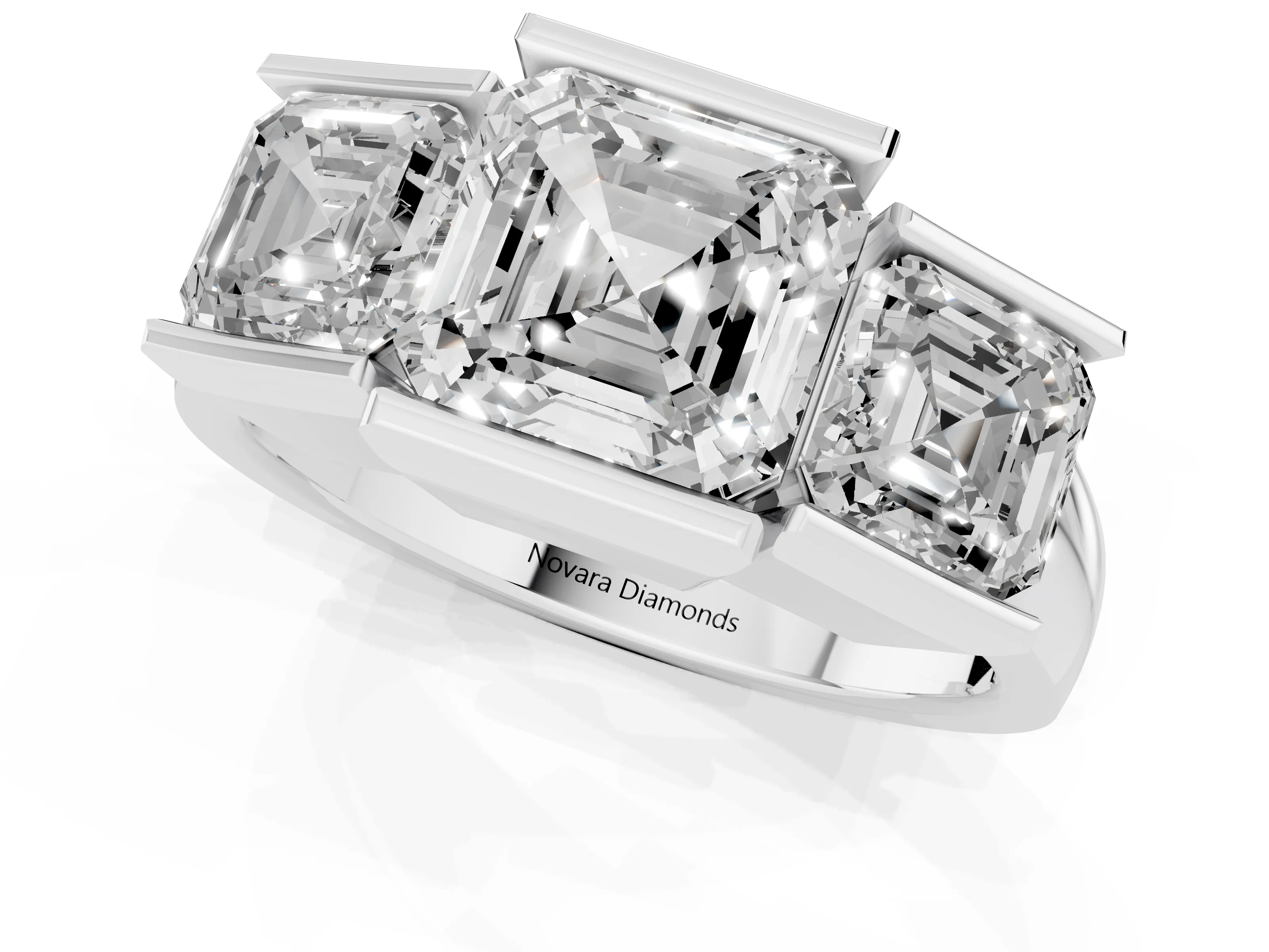Asscher Cut Diamond Three-Stone Channel Set Ring Set in White gold with Smooth Polished Band