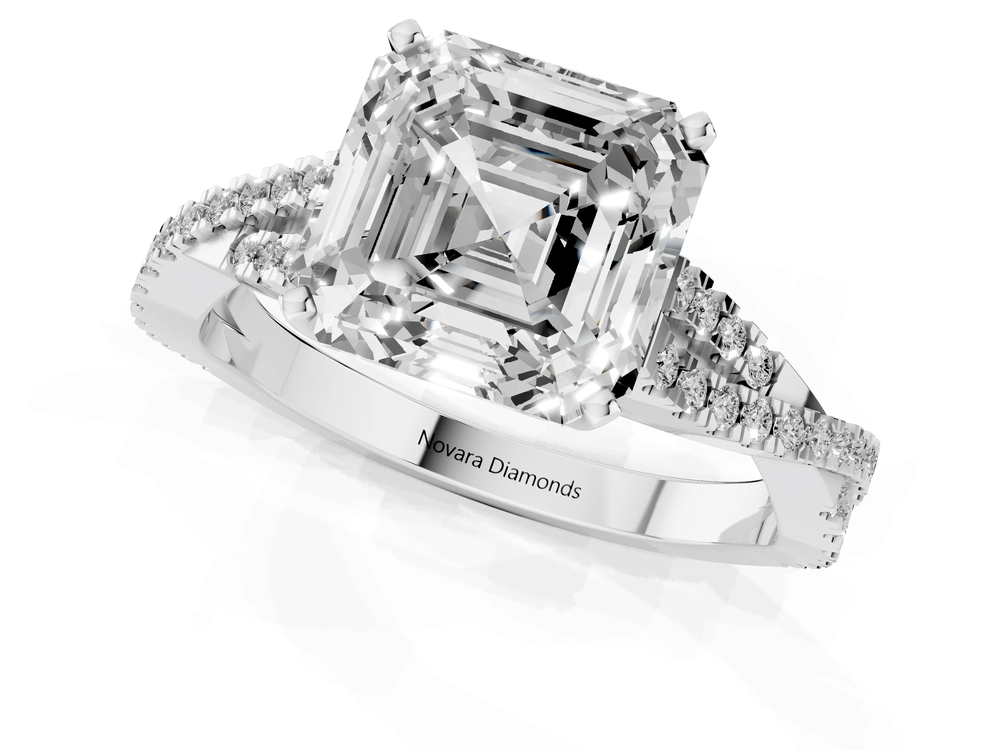 Asscher Cut Diamond Solitaire Engagement Ring Set in White gold with Twisted Pavé Band and Prong Setting