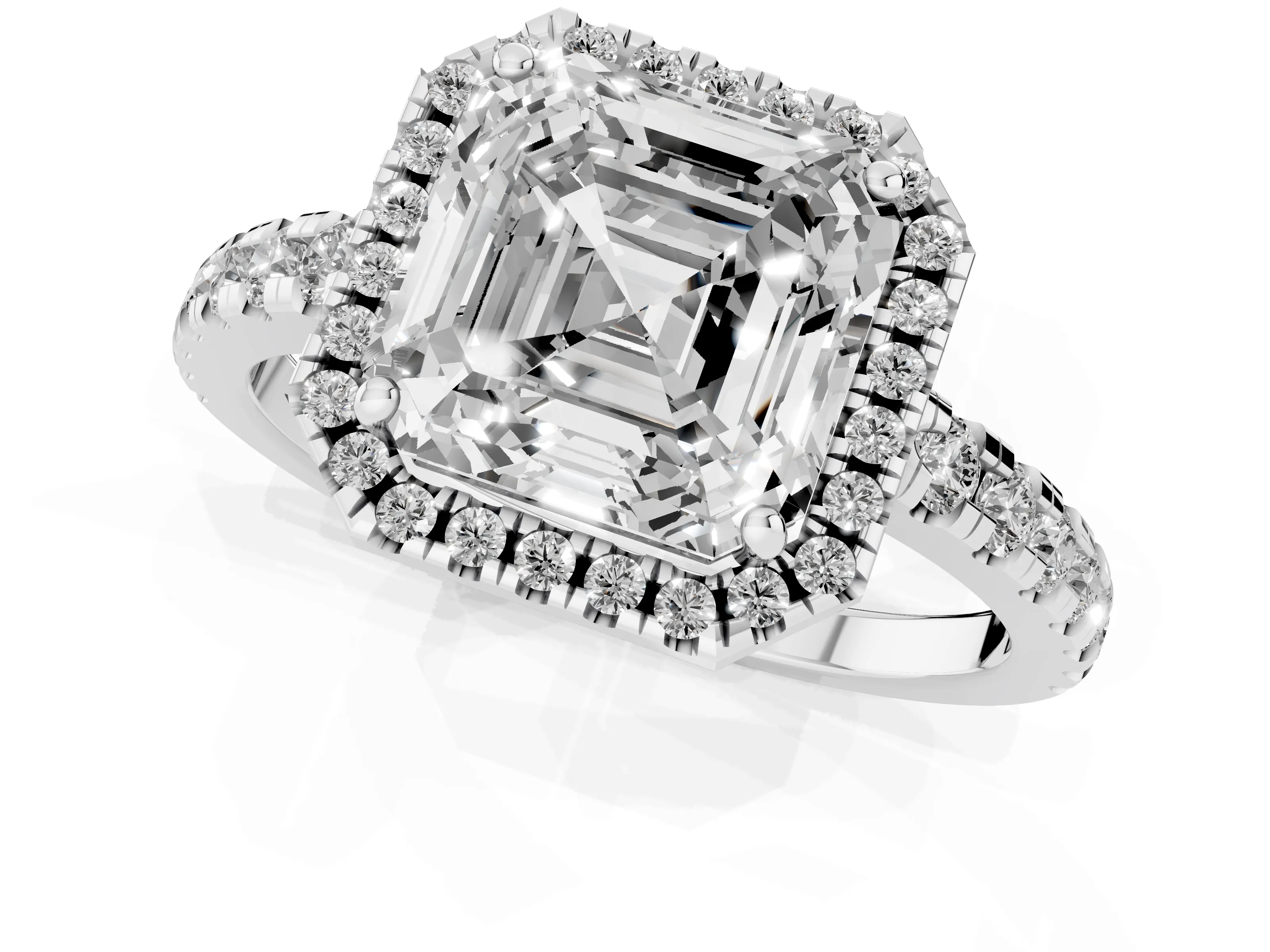Asscher Cut Diamond Halo Ring Set in White gold with Delicate Pavé Band and Prong Setting