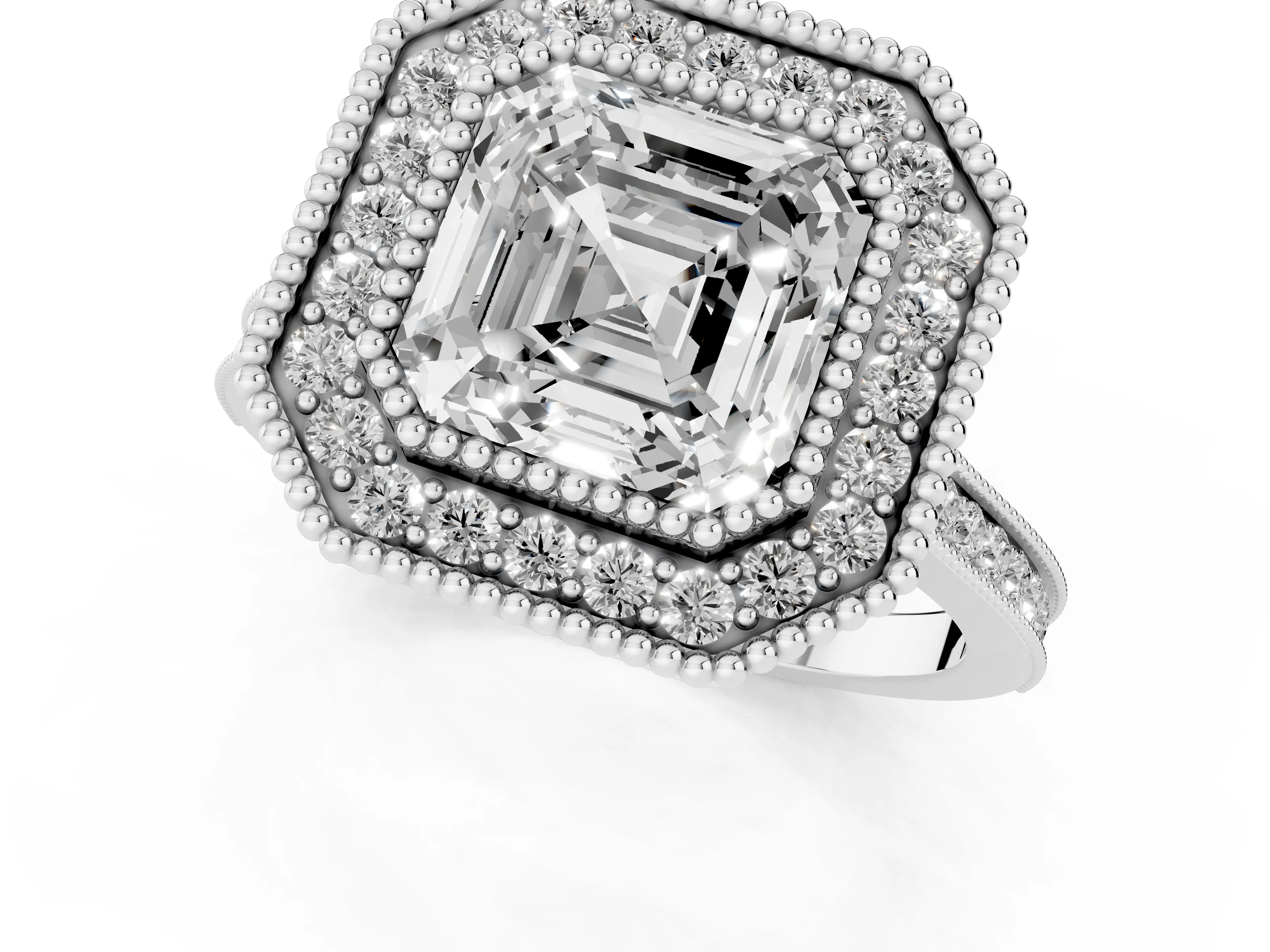 Asscher Cut Diamond Halo Ring Set in Silver with Milgrain Frame and Pavé Band