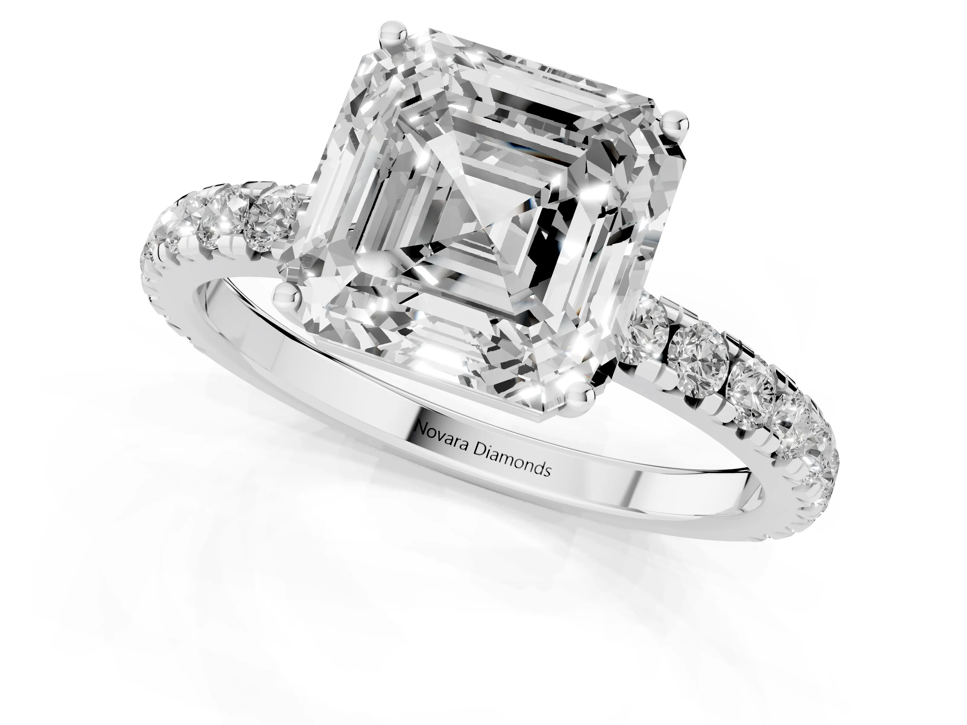 Asscher Cut Diamond Pavé Solitaire Engagement Ring Set in Platinum with Prong Setting