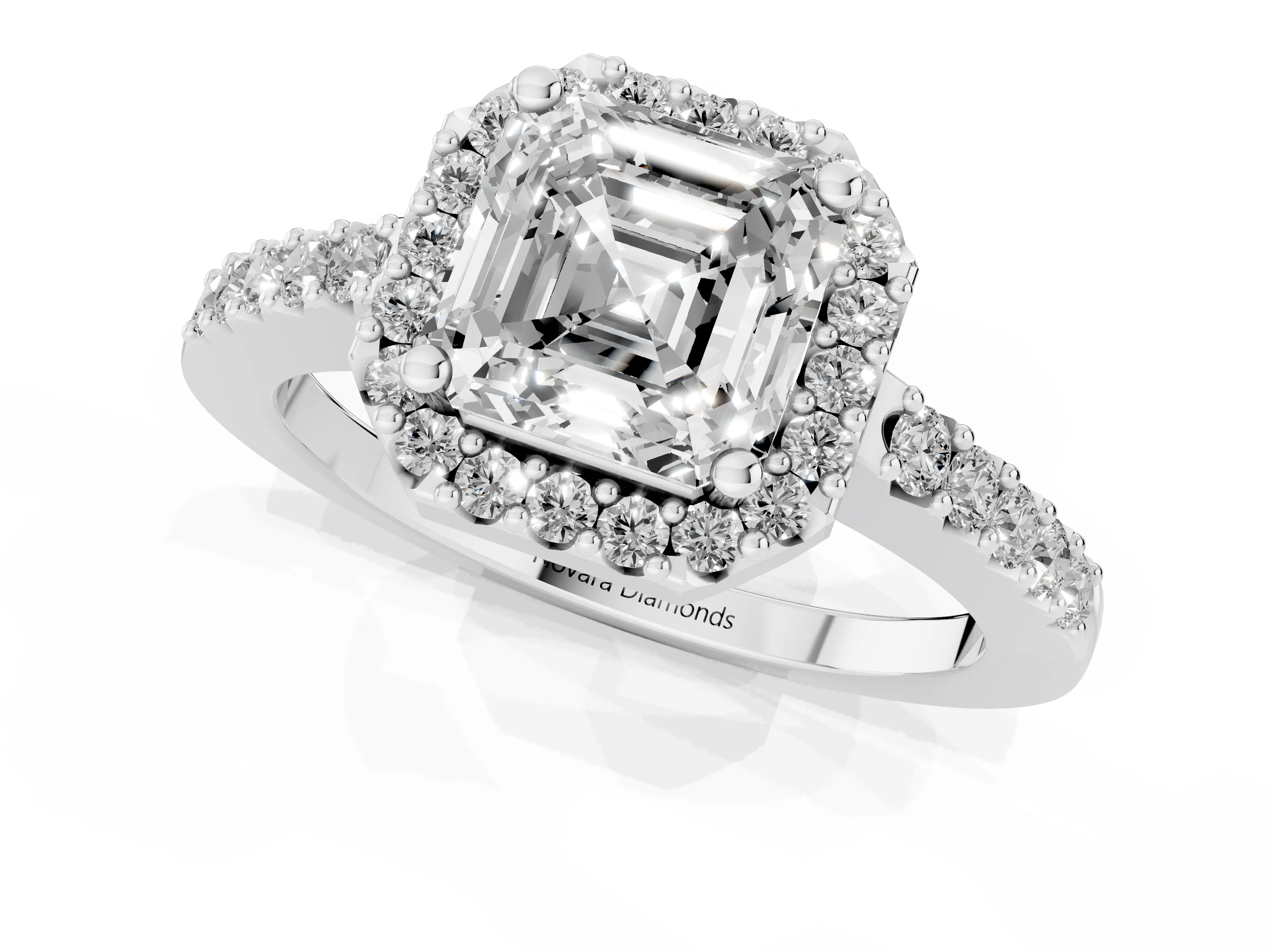 Asscher Cut Diamond Halo Pavé Solitaire Ring Set in White gold with Prong-Set Center Stone