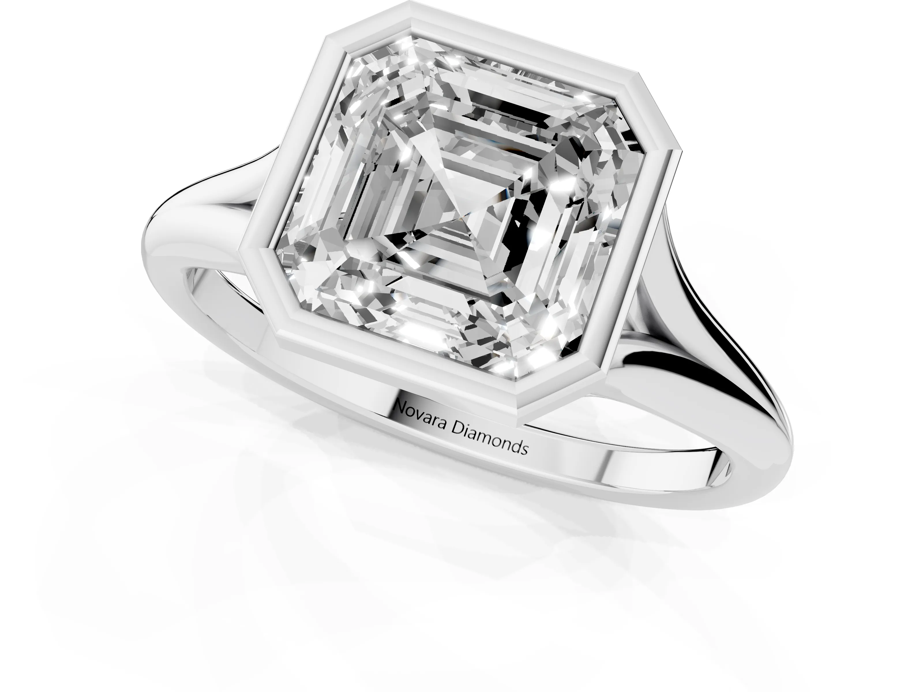 Bezel Set Asscher Cut Diamond Solitaire Ring Set in Platinum with Tapered Band