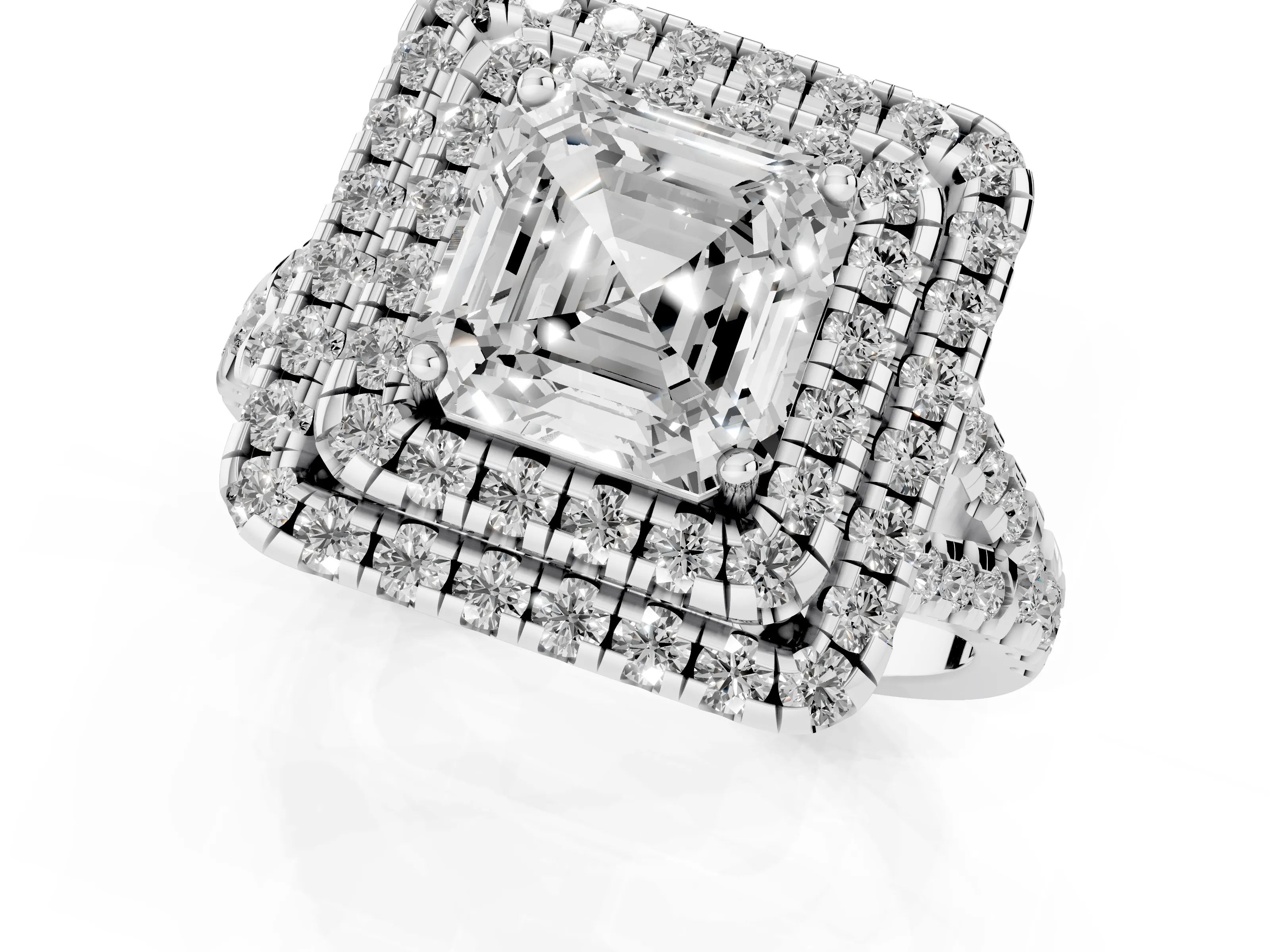 Asscher Cut Diamond Double Halo Ring Set in Platinum with Pavé Split Shank and Prong Setting
