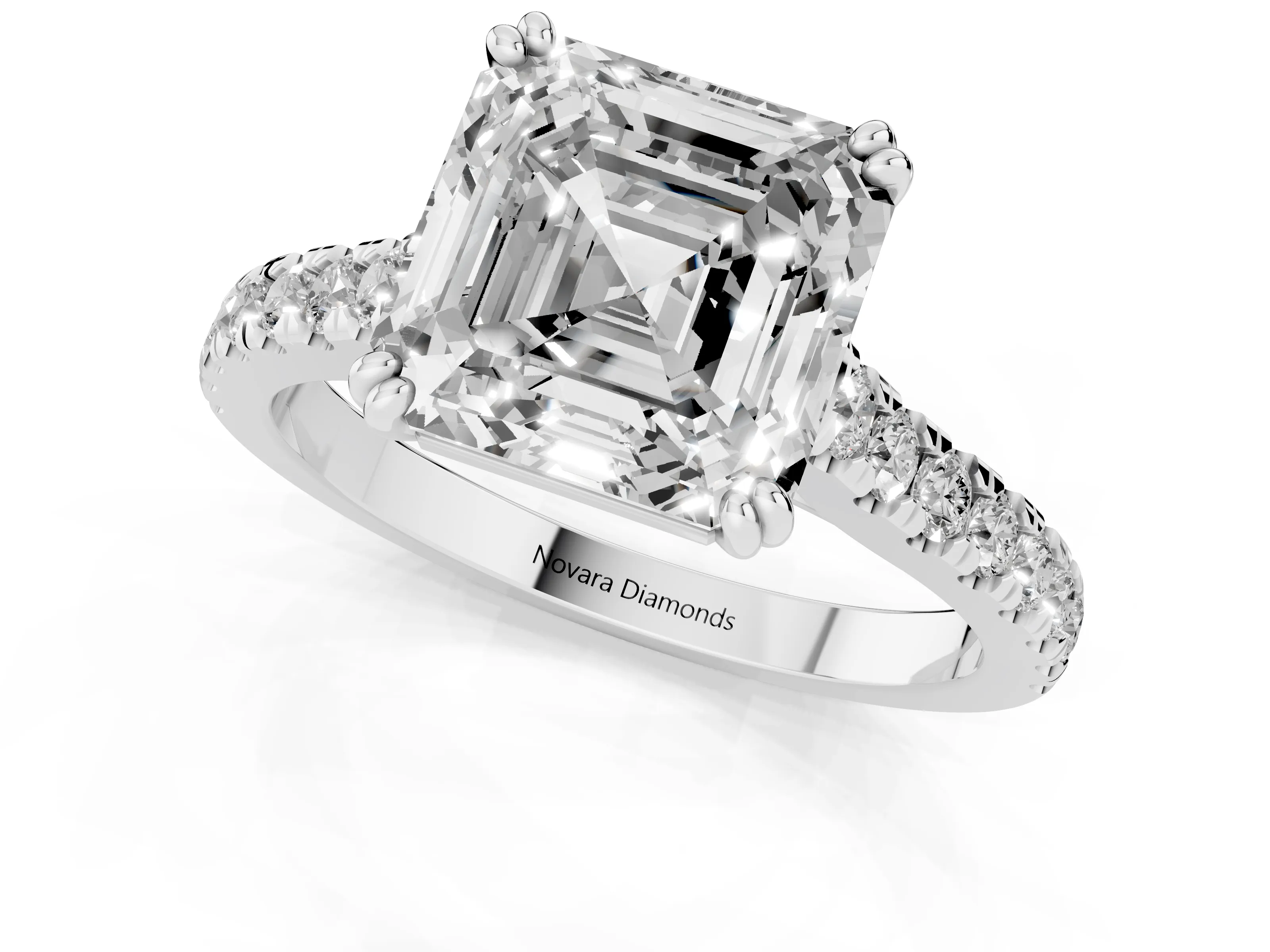 Asscher Cut Diamond Solitaire Engagement Ring Set in Platinum with Pavé Accents and Prong Setting