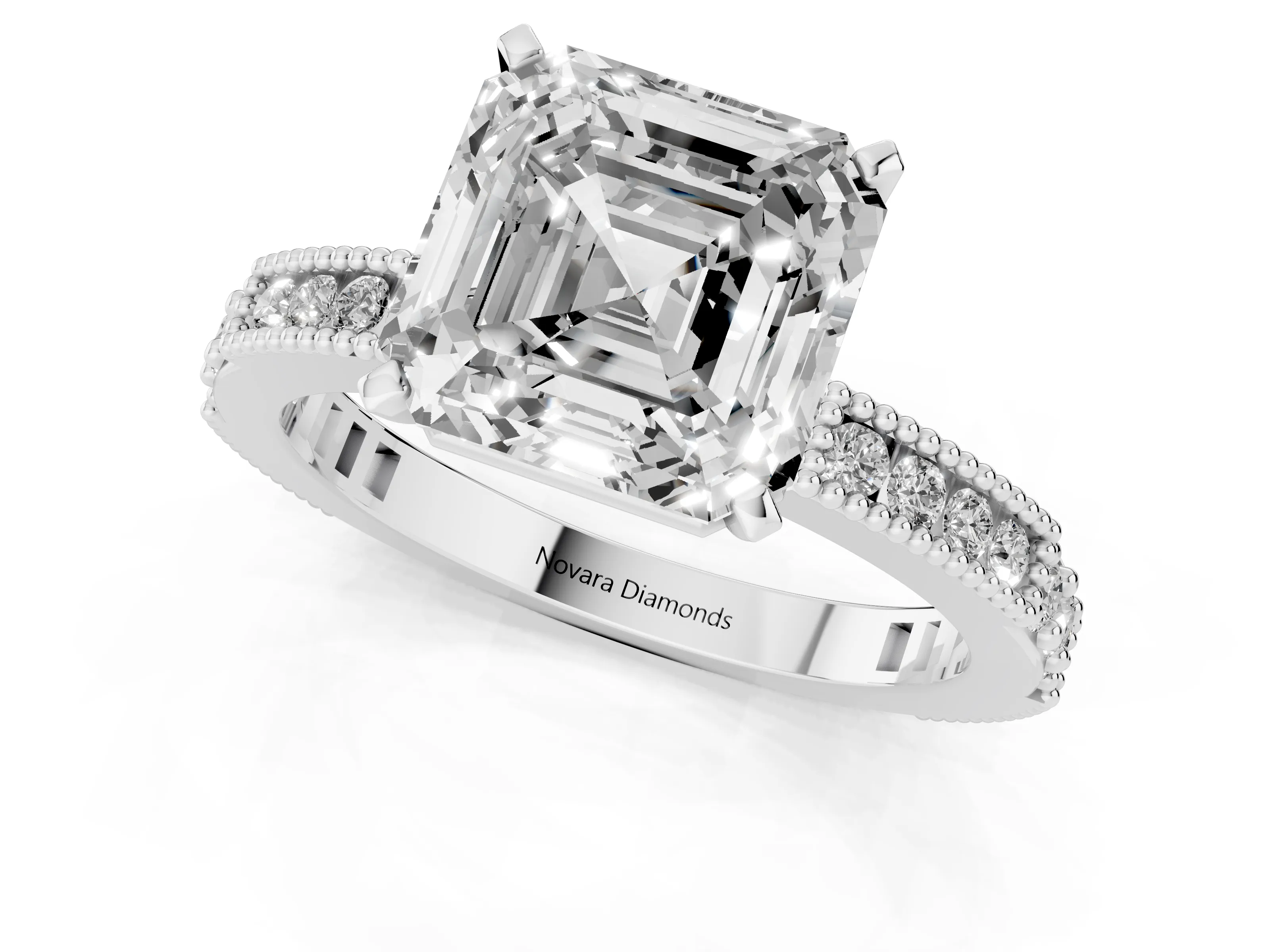 Asscher Cut Diamond Solitaire Ring Set in Silver with Slim Pavé Band and Prong Setting