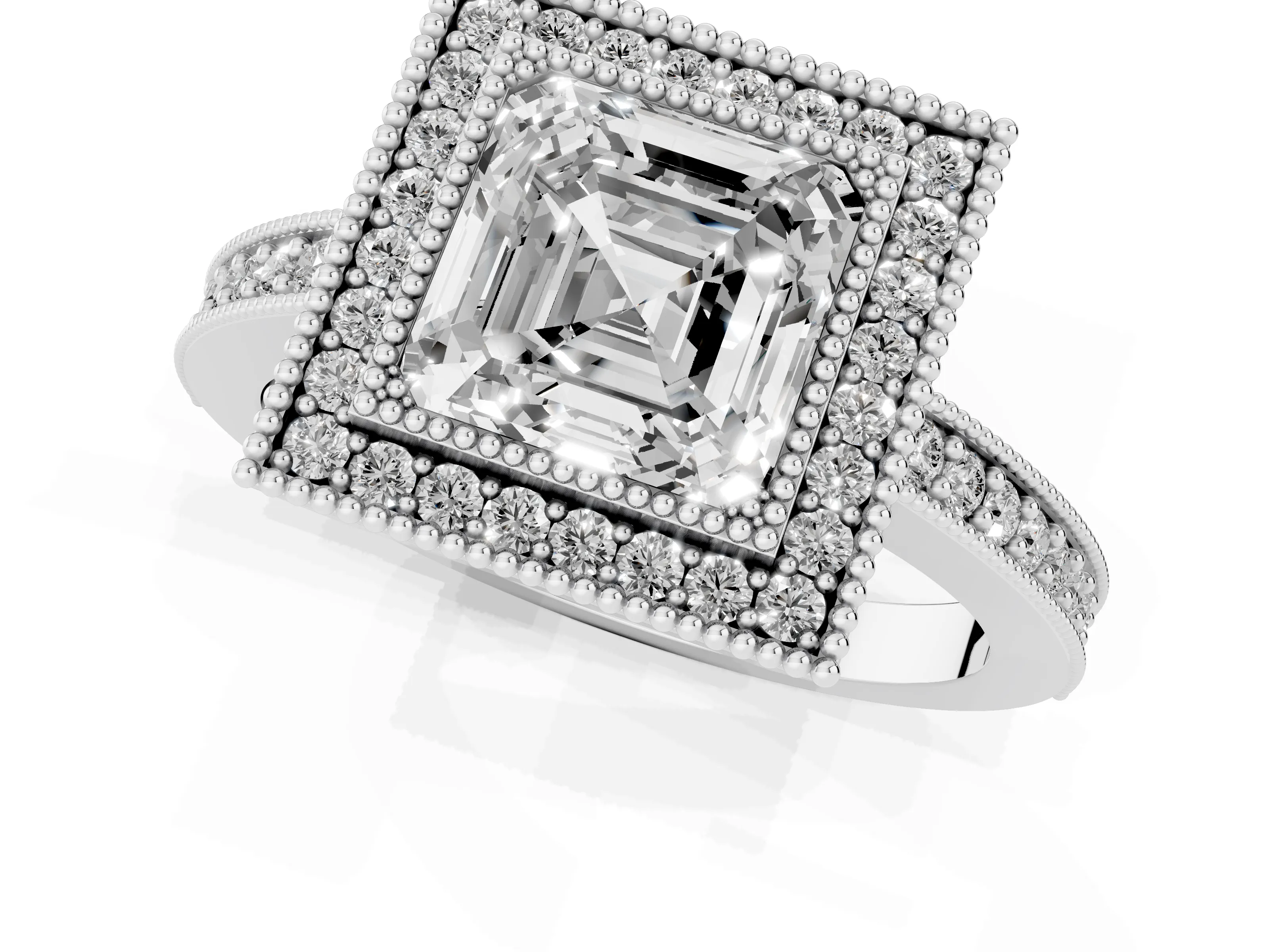 Asscher Cut Diamond Halo Engagement Ring Set in Platinum with Pavé Band and Round Halo Stones