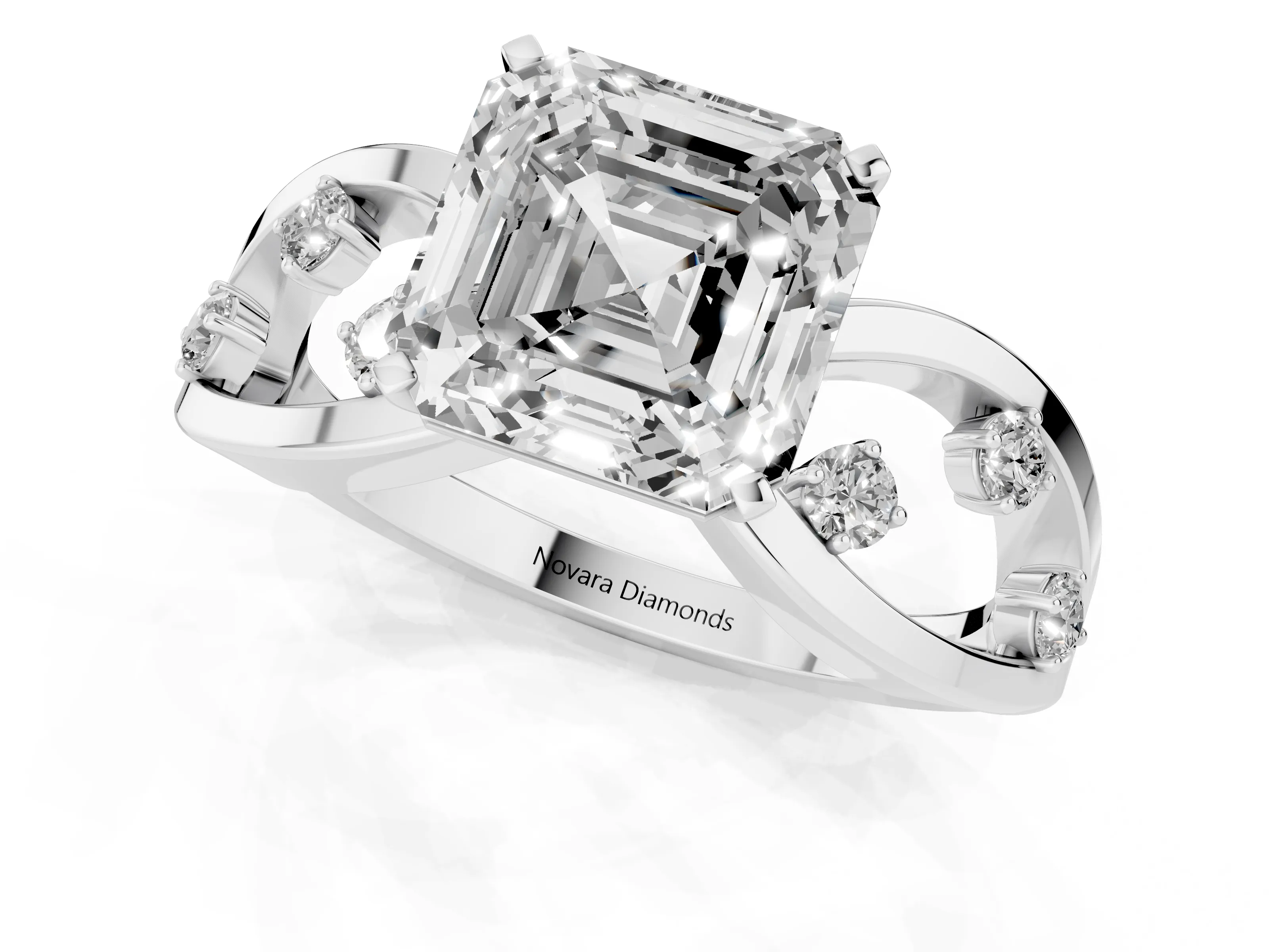 Asscher Cut Diamond Solitaire Ring Set in White gold with Side Stones on Criss-Cross Band and Prong Setting
